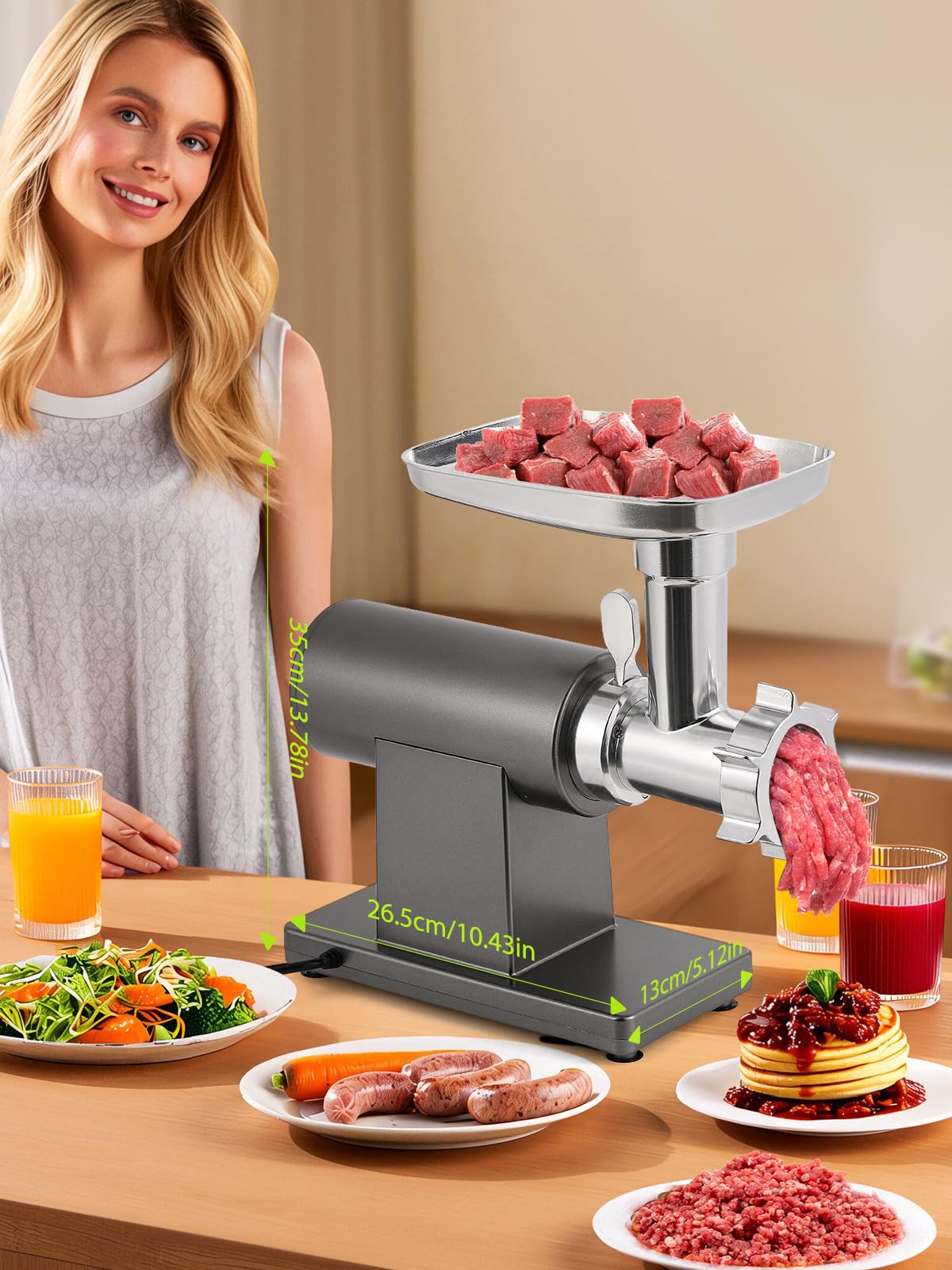 Picadora de carne eléctrica de 3200 W, multifuncional, máquina picadora con hoja de corte, 3 placas de molienda, 3 rellenos de salchichas, kit de Kubbe, exprimidor, rallador de queso, 8