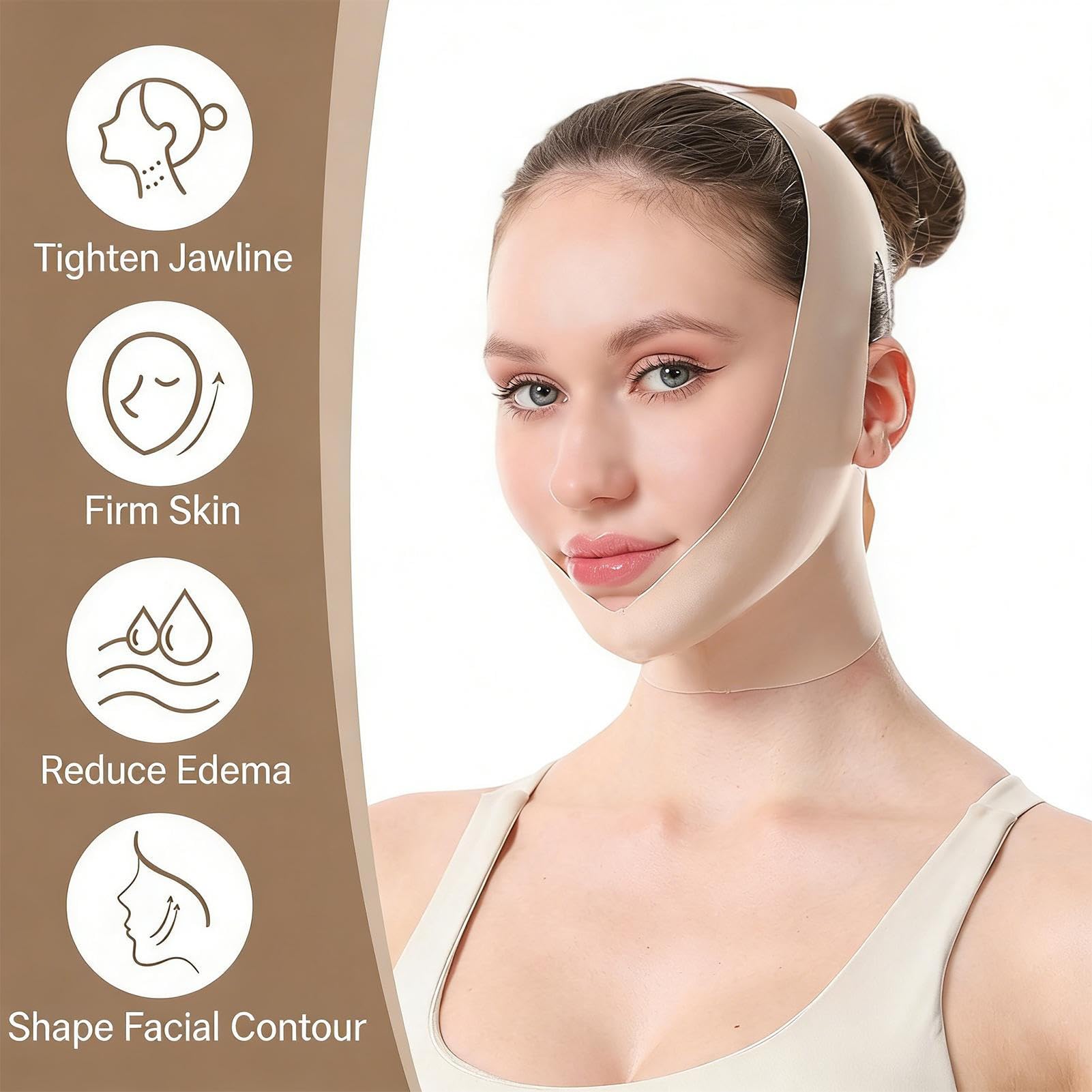 Skult C-ollagen - Envoltura para esculpir la cara, compresión suave, beige, reutilizable, correa de barbilla, ajuste ajustable y comodidad, para la mandíbula, barbilla, mujeres, dormir