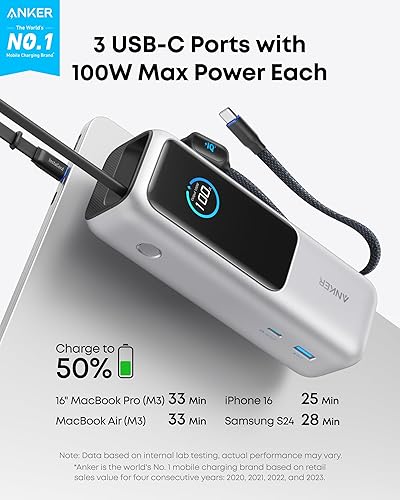Miniatura 2 de Anker Banco de energía para laptop, cargador portátil de 25,000 mAh con triple puerto USB-C de 100 W para cargador de batería de carga