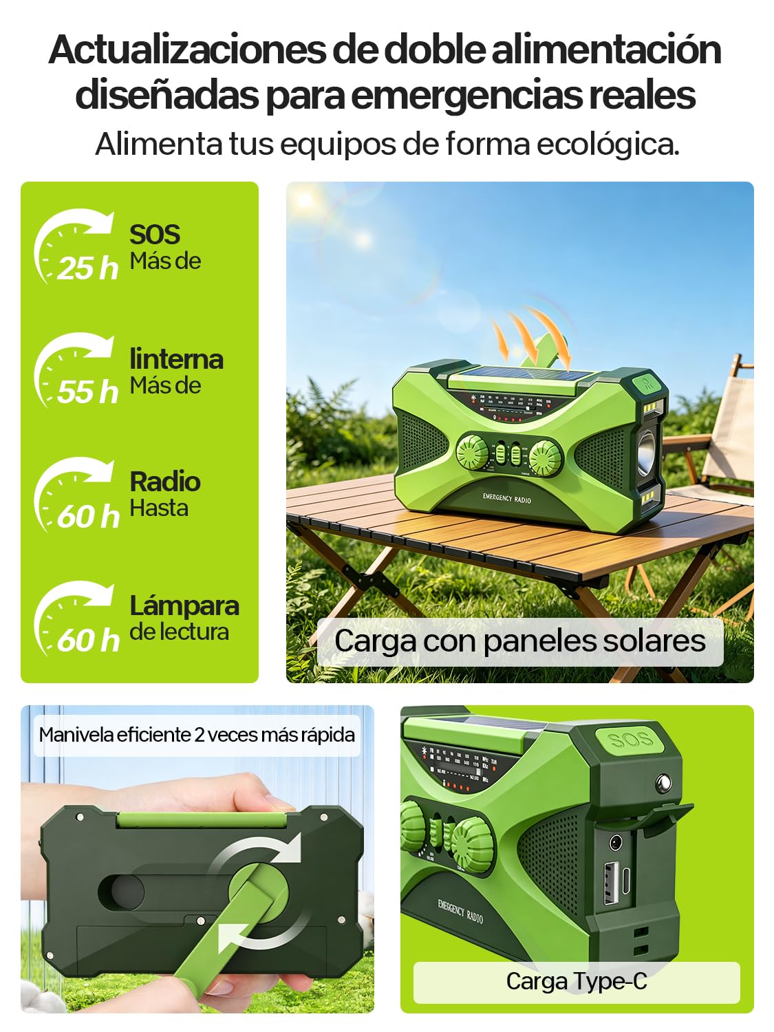 Radio Manivela Solar Emergencia, Emergencia Portátil, Manivela Solar Am/FM, Batería Power Bank 10000mAh, Radio de Supervivencia con Manivela, Linterna, Alarma SOS (Verde)