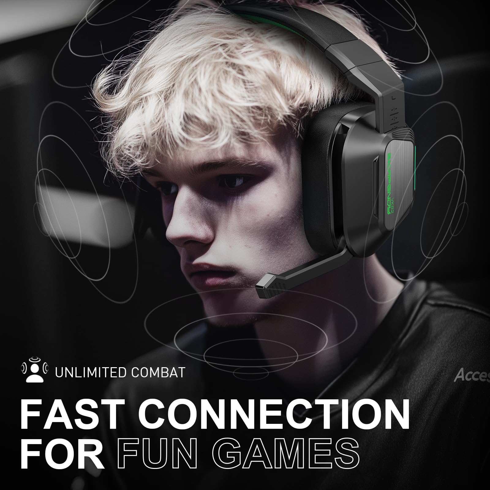 VK82 Casque Gaming sans Fil avec Microphone, 2.4GHz Casque Bluetooth Annulant Le Aruit pour Ps4, Ps5, PC, Switch, Mac, Casque de Jeu Pliable avec Éclairage RGB, Batterie de 50h -Noir Vert