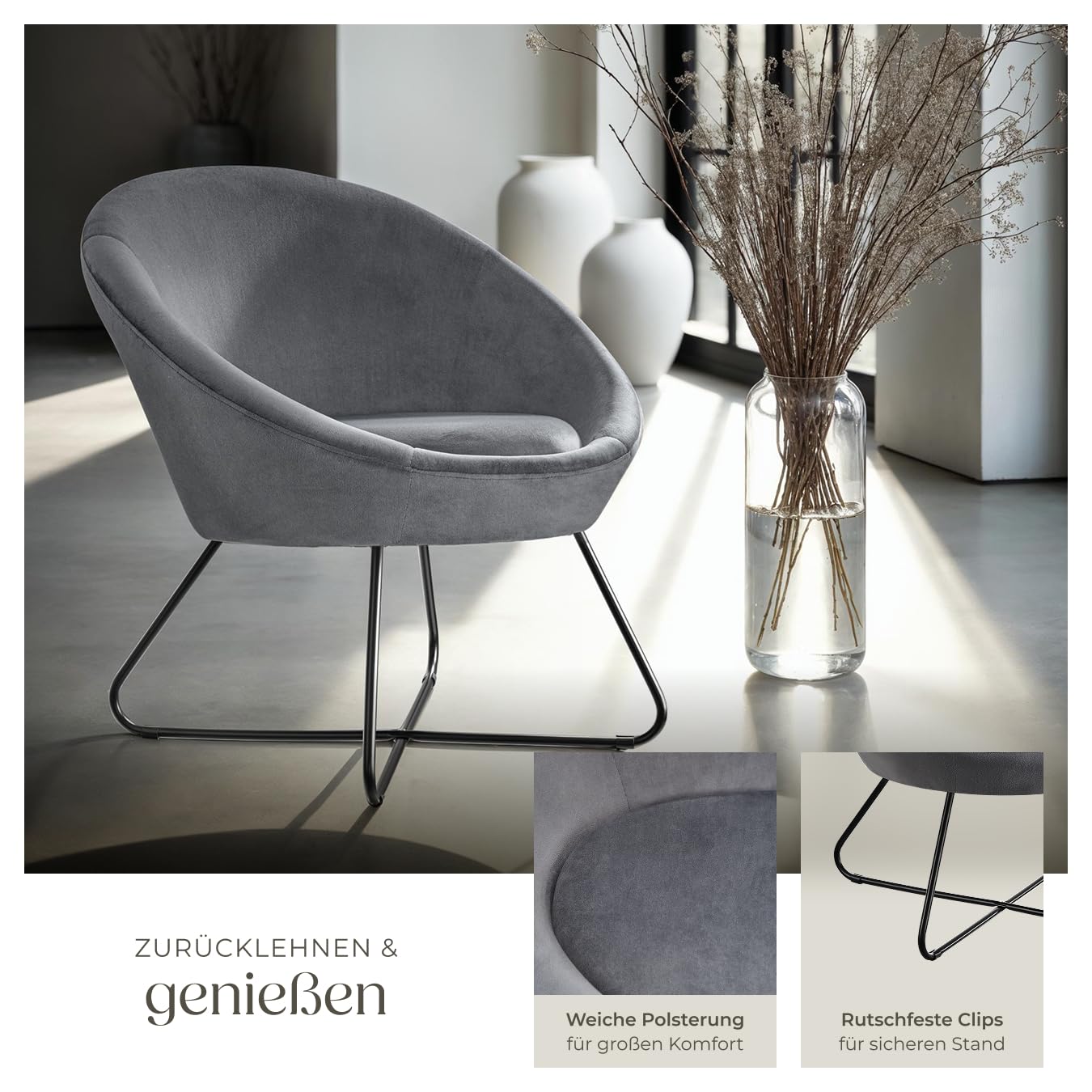 tectake® runder Samt Sessel, Cocktailsessel, Lesesessel mit durchgängiger Rückenlehne, Sessel Wohnzimmer, Polsterstuhl skandinavisch, Relaxsessel, Loungesessel, Esszimmermöbel - Samtoptik anthrazit