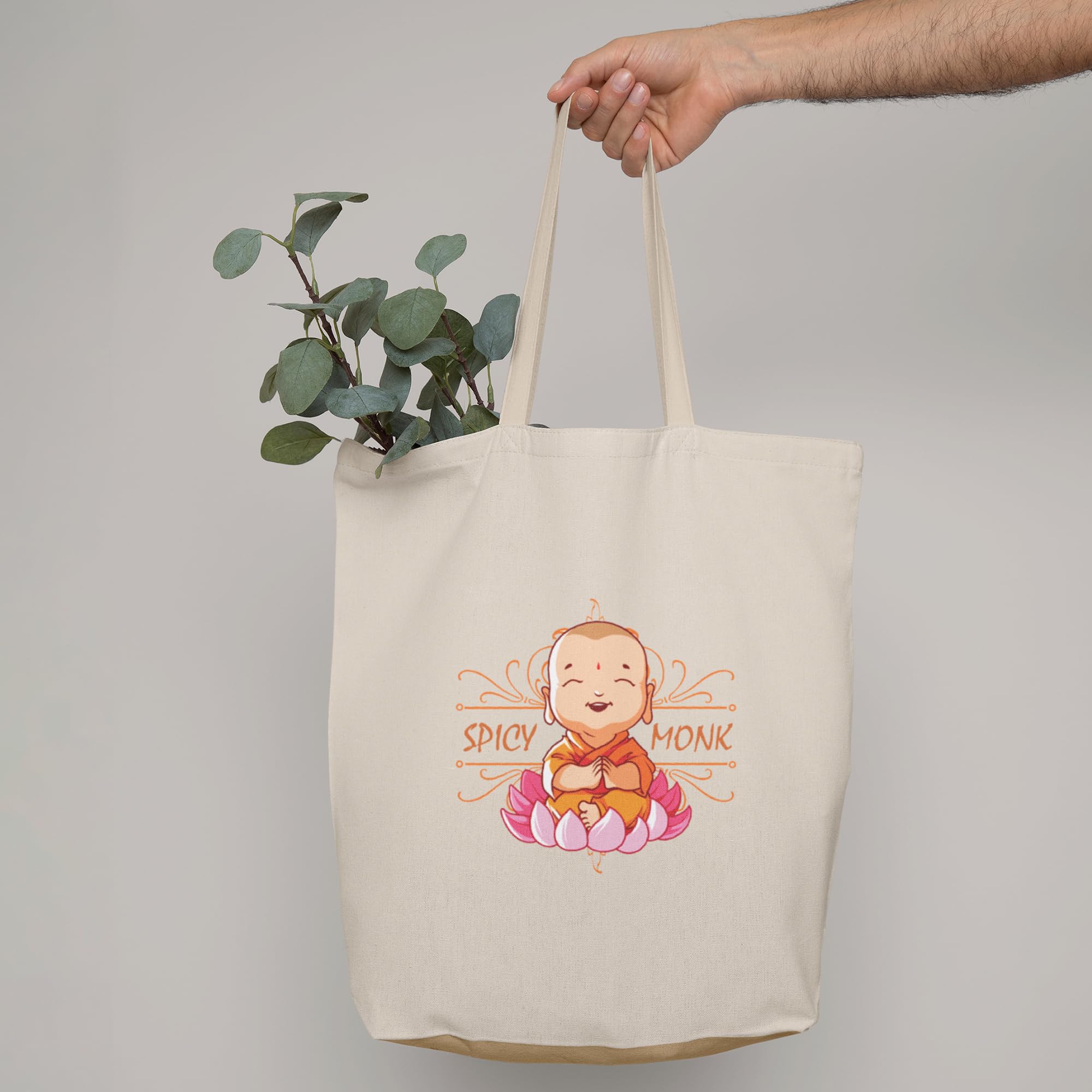 ALFANSO Classic Eco-Friendly & Reusable Cotton Canvas Grocery Tote Bag, Medium Size 16 x 14 Inch Natural Color (SPICY MONK) 3