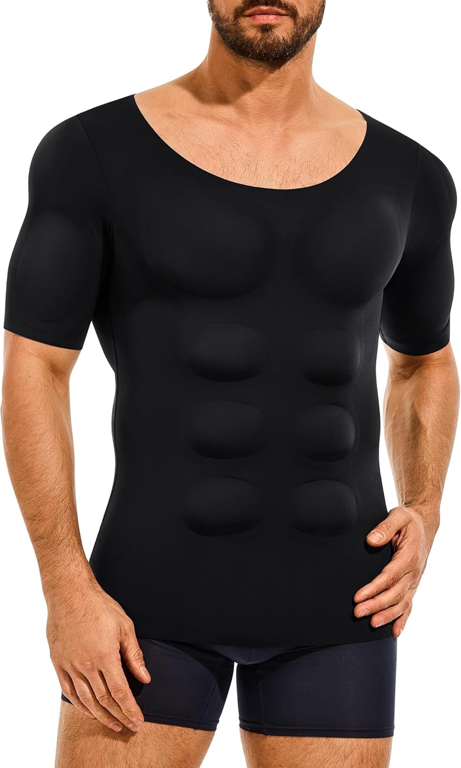 Nebility Padded Mens Compression Shirt - Short Sleeve Men Body Shaper Fake Muscle Shirts Body Builder Suit Removable Pad