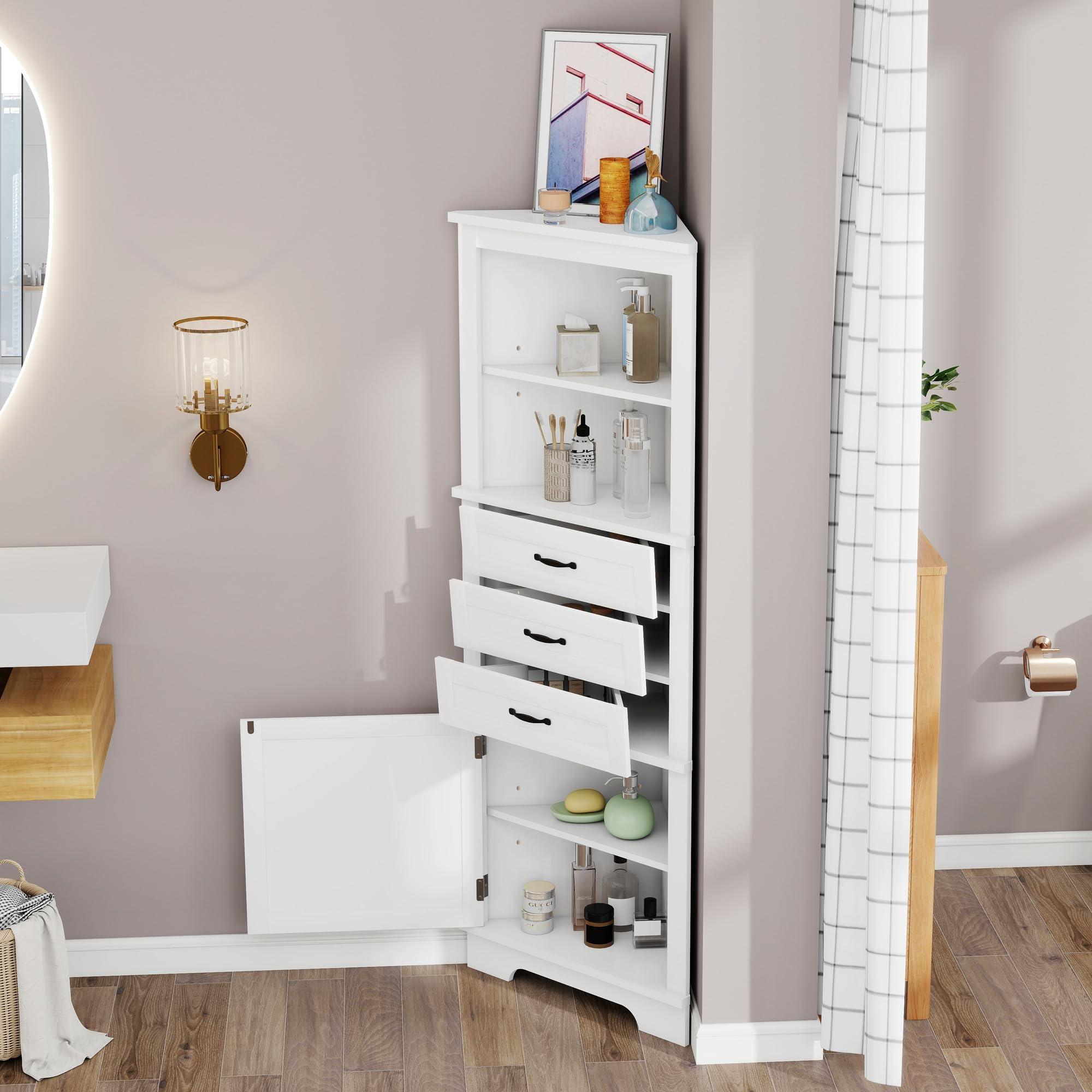 Armario esquinero para baño, 57,7 × 46 × 167,5 cm, dos estantes abiertos, tres cajones, color blanco, estantes ajustables, asas negras
