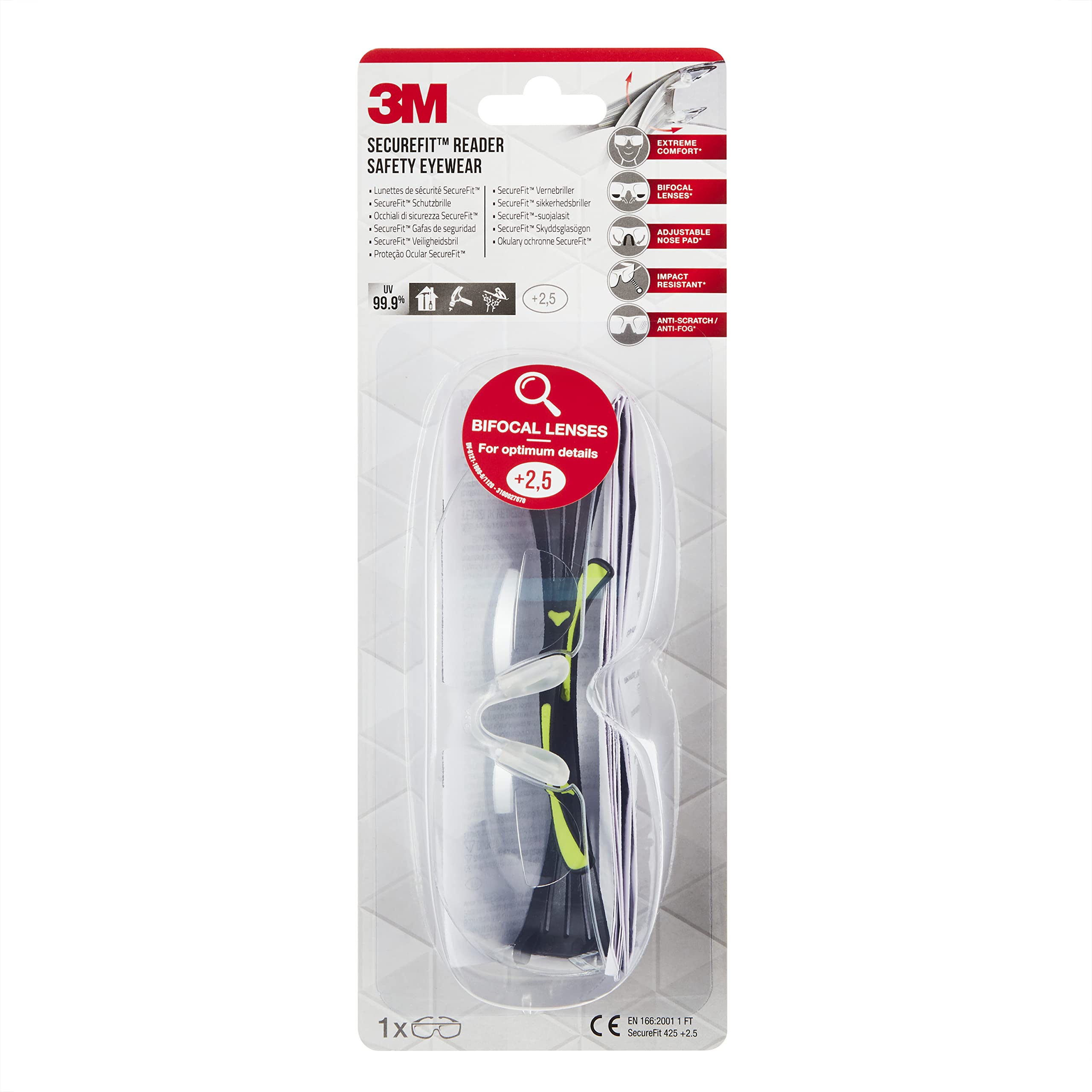 3M SecureFit SF425 Gafas de seguridad graduadas, 2,5 dioptrías, antirrayaduras, lente incolora, 1/PCK, 6PCK/CV