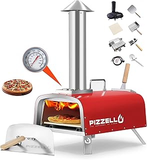 Pizzello Multi-Fuel Pizza Oven Outdoor, 12" Portable Wood and Gas Fired Pizza Oven with Thermometer,Pizza Peel, Pizza Stone,Pizza Cutter, Stainless Steel Pizza Oven for Backyard, Camping (Red)