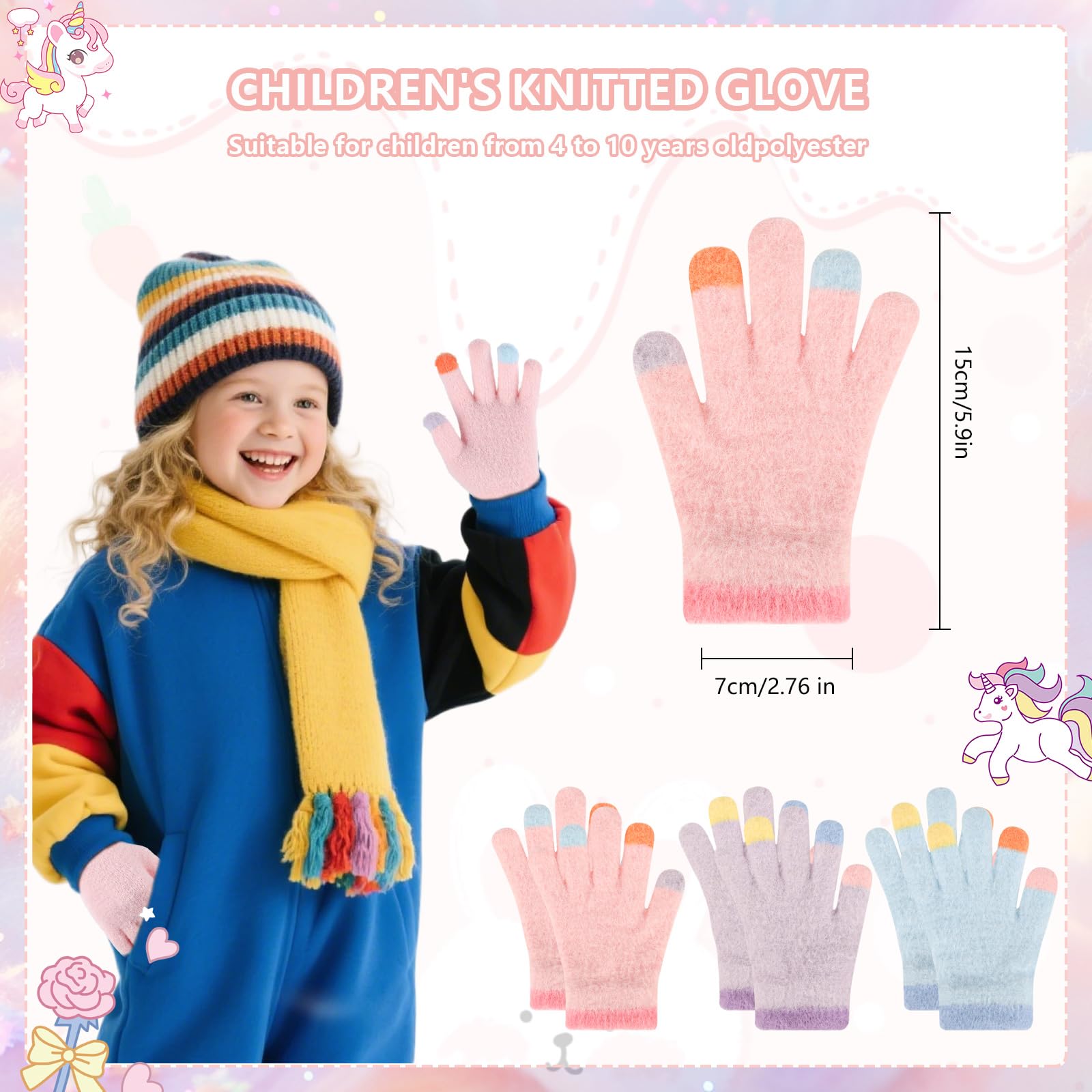QKURT Lot de 3 paires gants d'hiver chauds enfants mitaines tricot extensible 4-10 ans