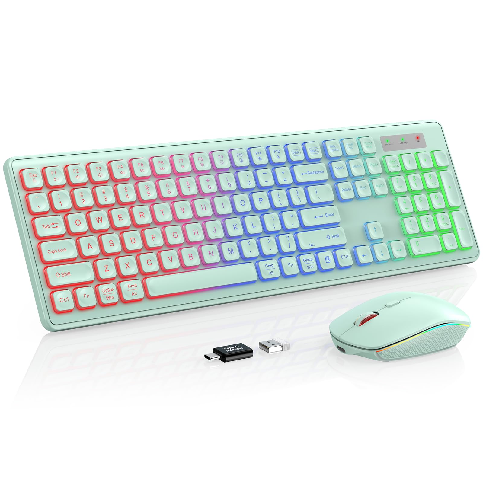 Wireless Keyboard and Mouse Combo - RGB Backlit, Rechargeable &amp; Light Up Letters, Full-Size, Ergonomic Tilt Angle, Sleep Mode, 2.4GHz Quiet Keyboard Mouse for Mac, Windows, Laptop, PC, Mint Green