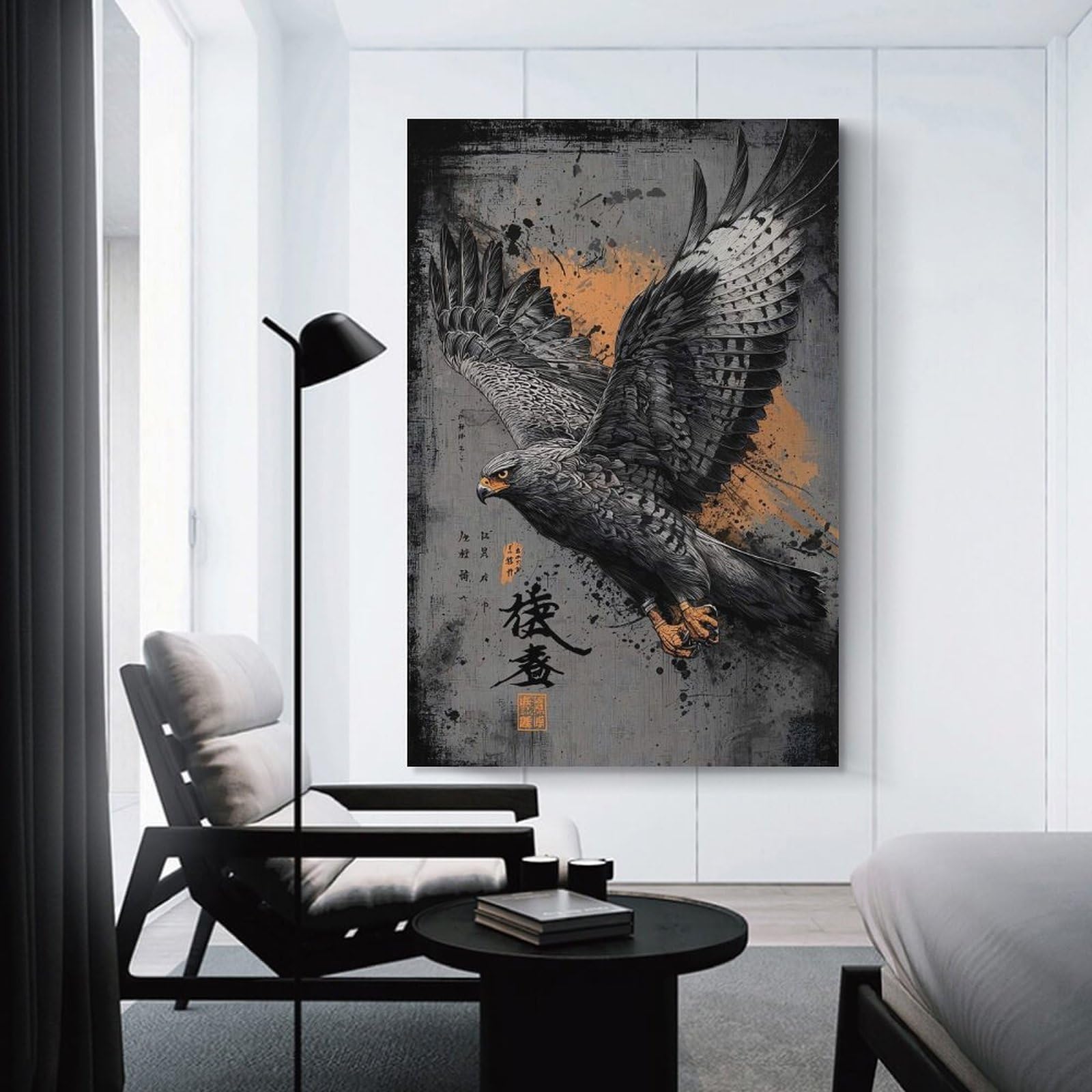 Junmoney Unframe-Style-5 Soaring Eagle With Japanese Calligraphy Canvas Wall Picture, 20X30inch(50X75cm), For Living Room, Bedroom Or Apartment Walls, Decorative Artwork For Empty Walls