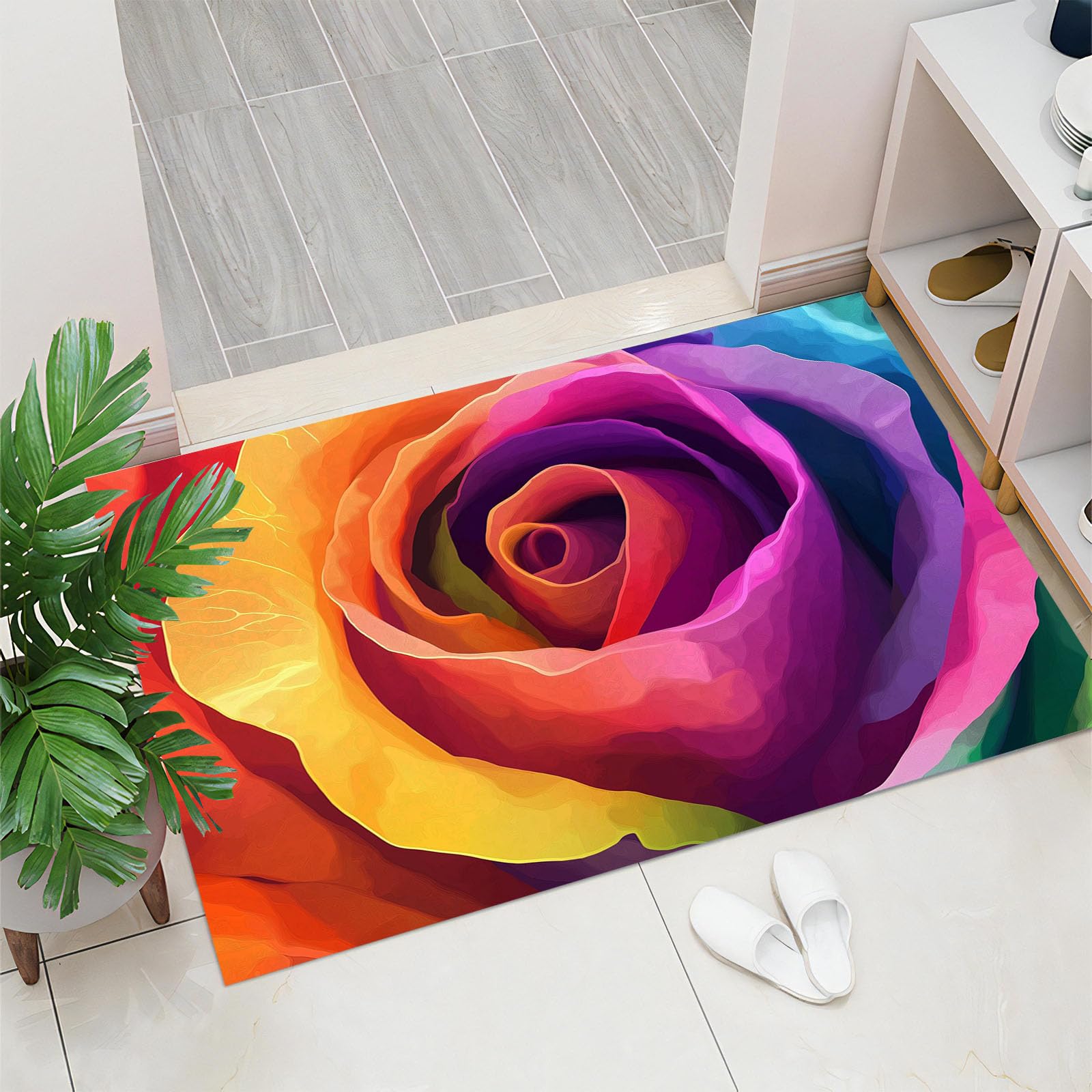 Paillasson fleurs arc-en-ciel violet et jaune, tapis antidérapant pour entrée