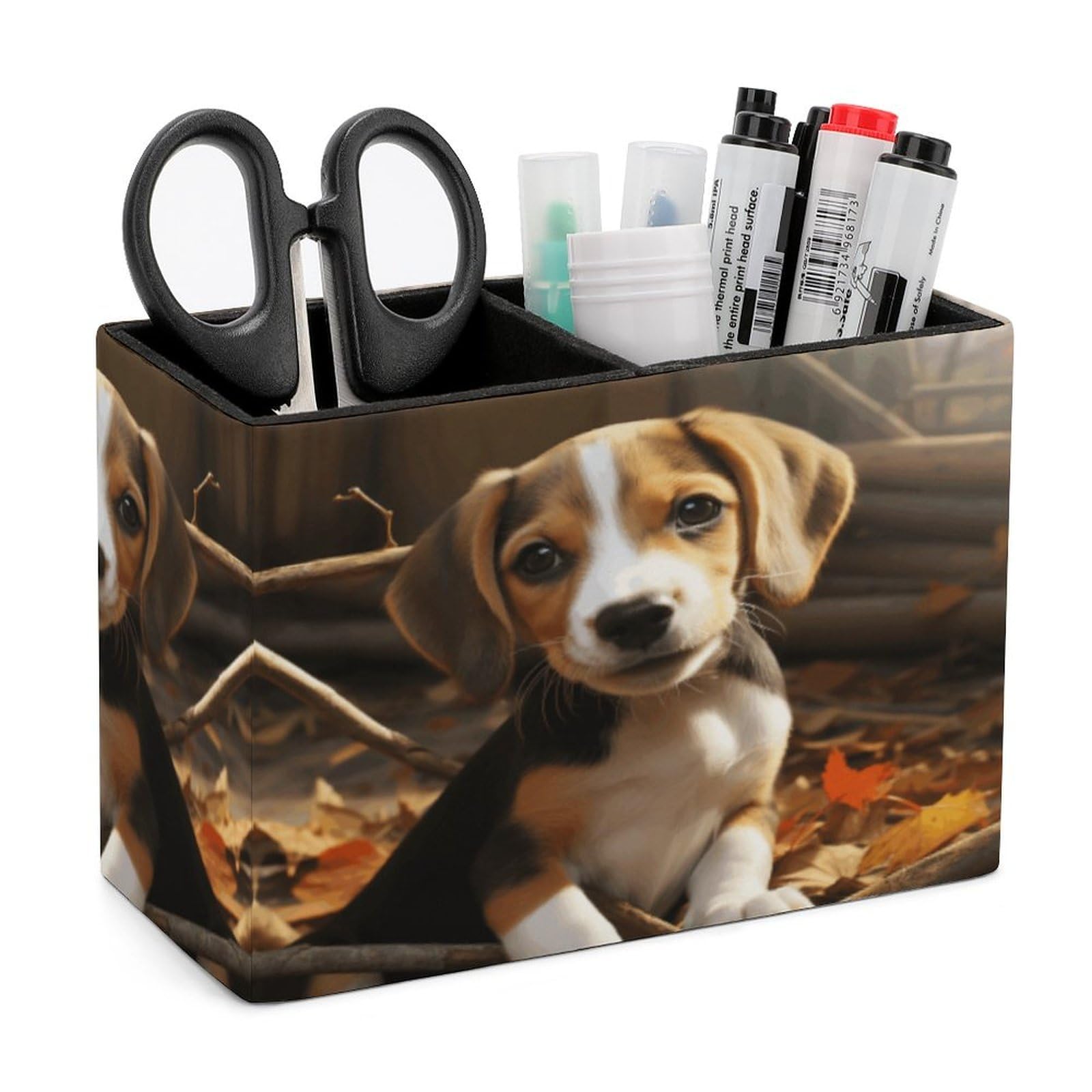 HKMNTGD Pen Holder for Desk,Cute Beagle Printed Square Leather Pencil Holder Double Compartments，Desktop Organizer Office Accessories Container Box