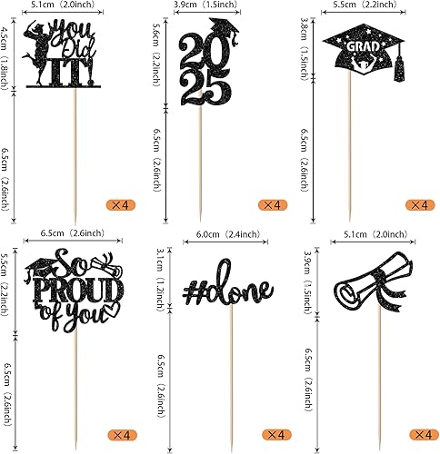 Miniatura 443 de Paquete de 24 adornos dorados para cupcakes de graduación 2025 con purpurina So Proud of You Done Diploma Graduation Cap Cupcake Picks Class of 2025