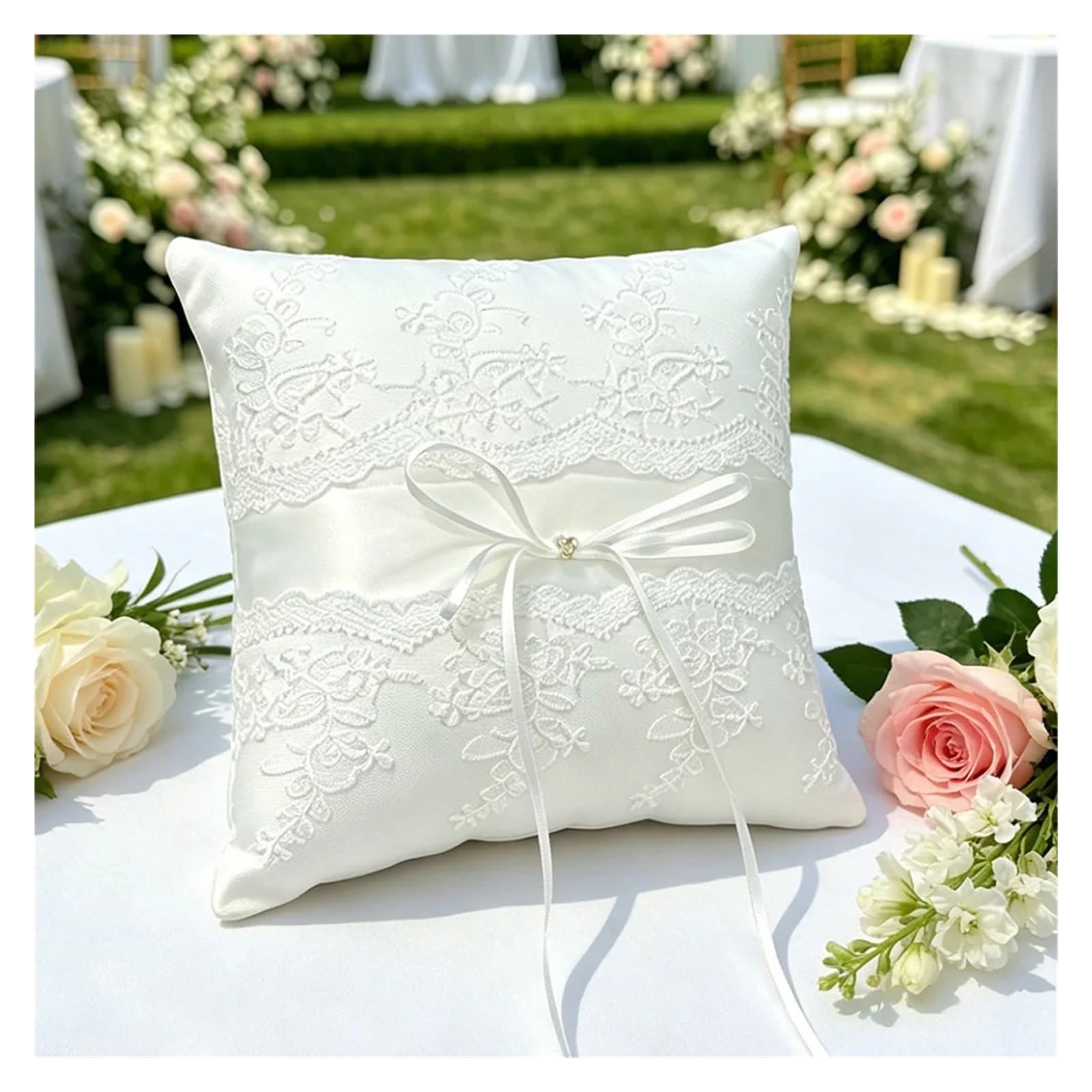Hochzeit Ringhalter Kissen Kissen for Eheringträger, Ringkissen aus weißer Blumenspitze mit Perlenschleife, Ringhalter for Trauung