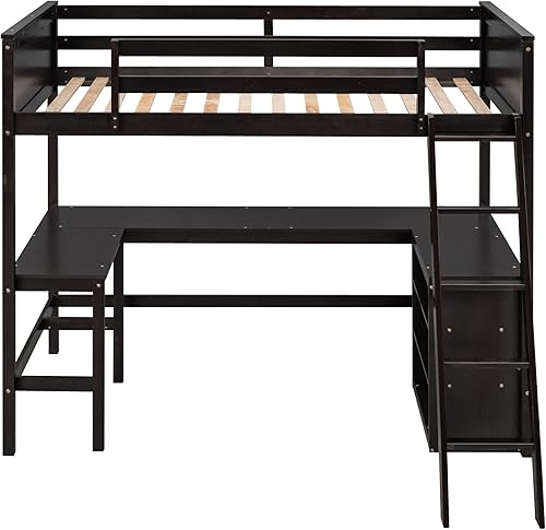 Miniatura 6 de SIYSNKSI Cama tipo loft de tamaño individual con estantes y escritorio marco de cama tipo loft de madera con escalera inclinada y barandilla de