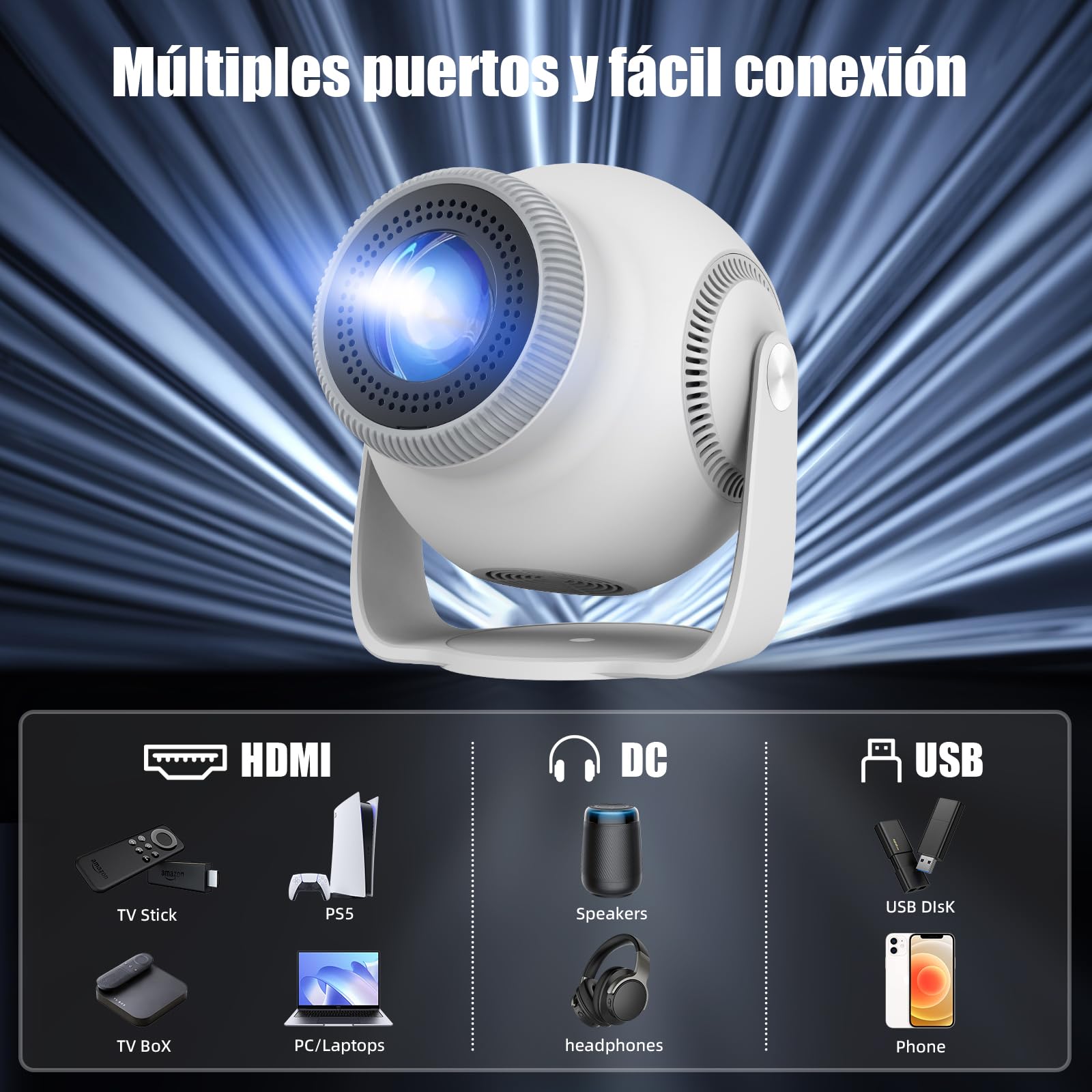 Mini Proyector con 4K & 8K 1080P, Proyector Portátil con Android 14 5G WiFi 6 y Bluetooth 5.4, Rotación de 270°, HDMI/USB/DC, 8 GB de Almacenamiento, Corrección Trapezoidal Horizontal Automática