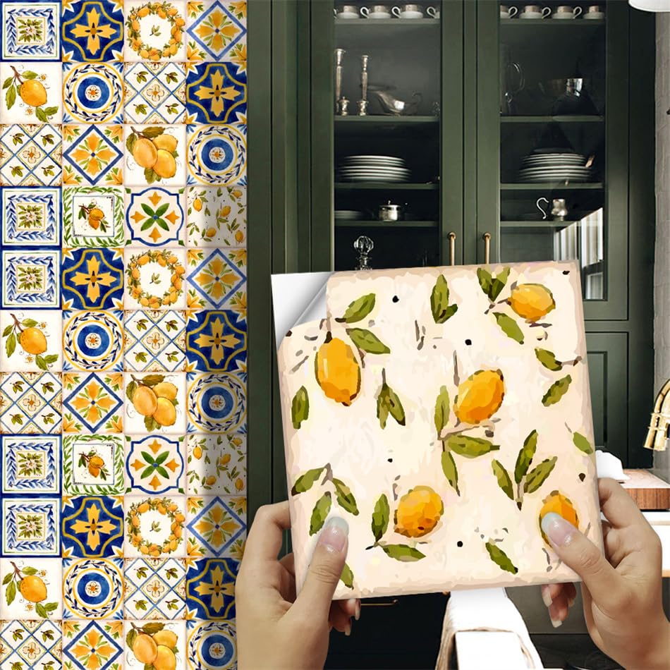 Adesivi per Piastrelle con Motivo Limoni, Piastrelle autoadesive per pareti di Cucina e Bagno, Vinile Adesivo, Impermeabili e Resistenti all'olio, 16 Pezzi (20x20 cm)