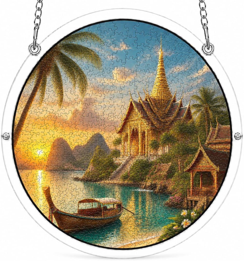 Golden Temple Sunset Acrylic Jigsaw Puzzles Suncatcher, 8.9 Inch Window Hanging Suncatcher Acrylic Puzzle, DIY Home Decor Art Gift