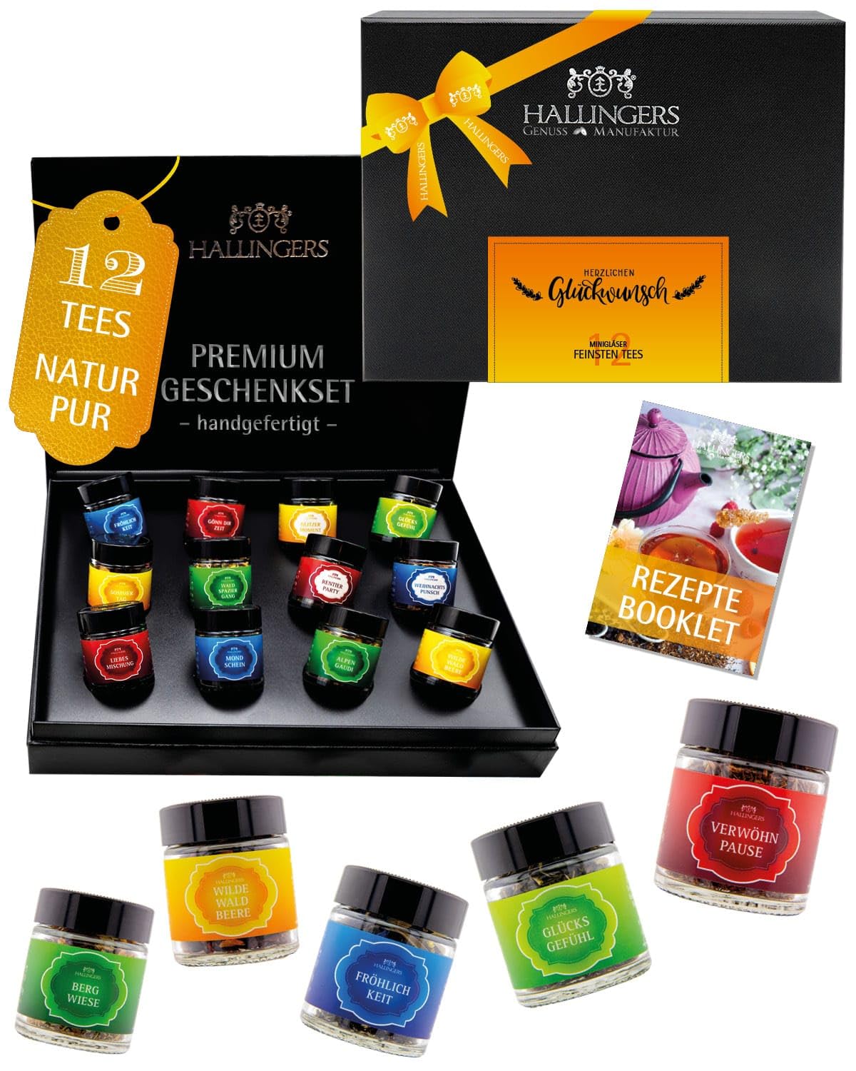 Hallingers Genuss Manufaktur Glückwünsche Tee Geschenkset - 12 Sorten Premium_loser Tee, vegan & glutenfrei, tolle Gesch