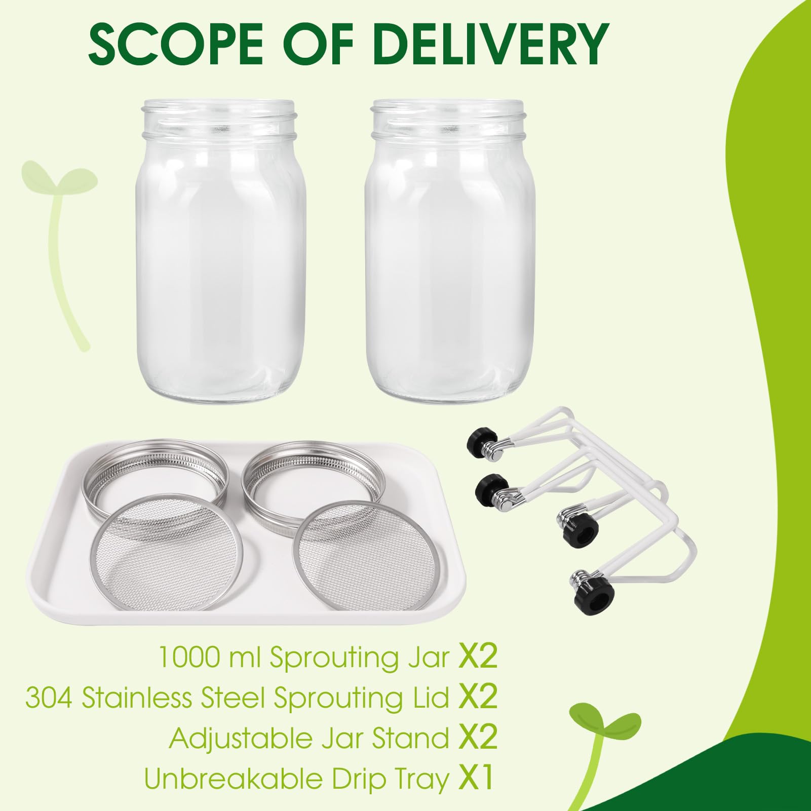 FoiiLiio Kit de Germinador de Semillas, 2 x 1000ml Frascos de Germinación, Incluye 2 Tapas de Colador de Acero Inoxidable, 2 Soportes, 1 Blanco Bandeja, Conjunto de Germinador