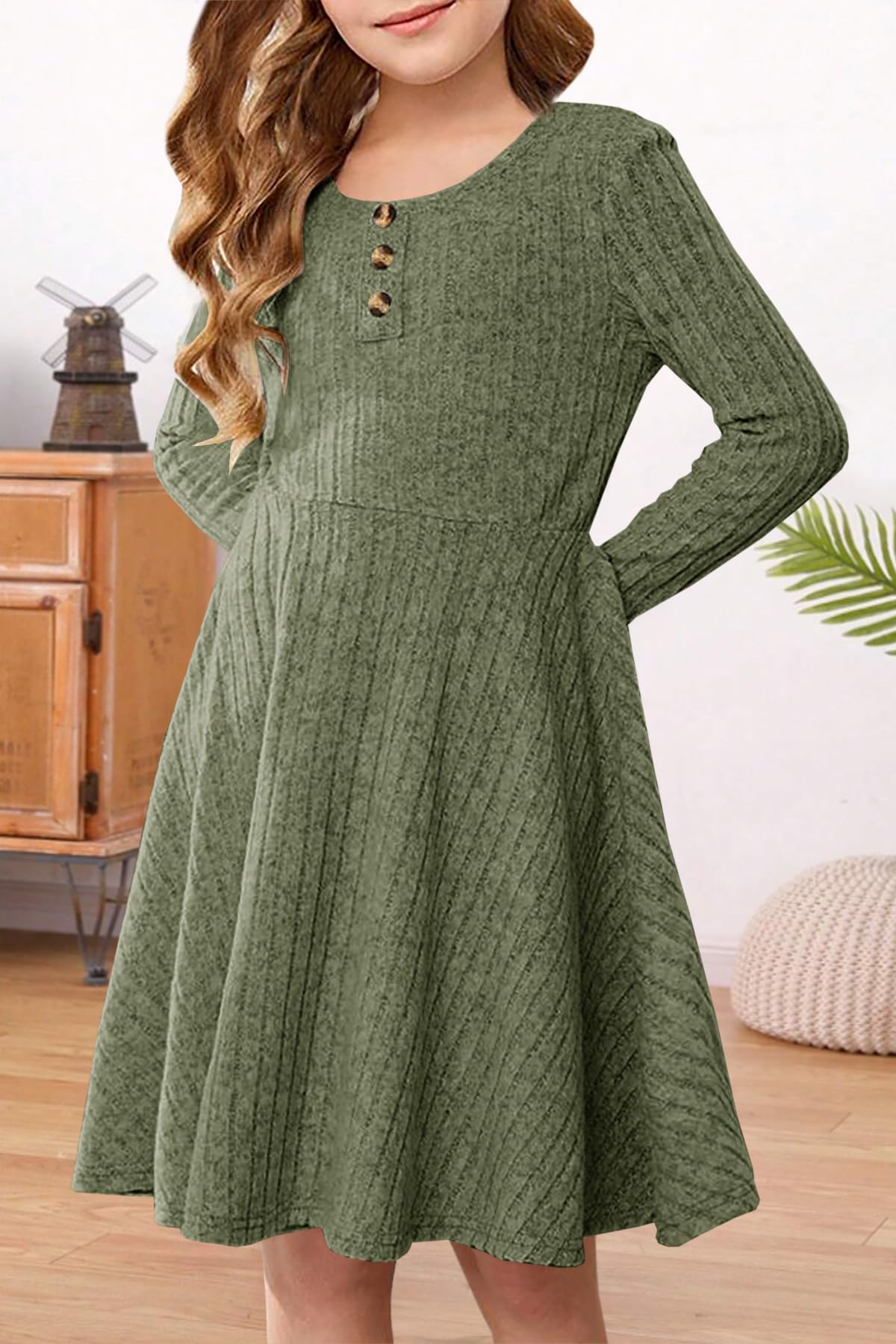 YOVION Vestido de otoño de manga larga con cuello redondo y botones, casual, acampanado, de punto acanalado, con bolsillos, para niñas de 6 a 12 años