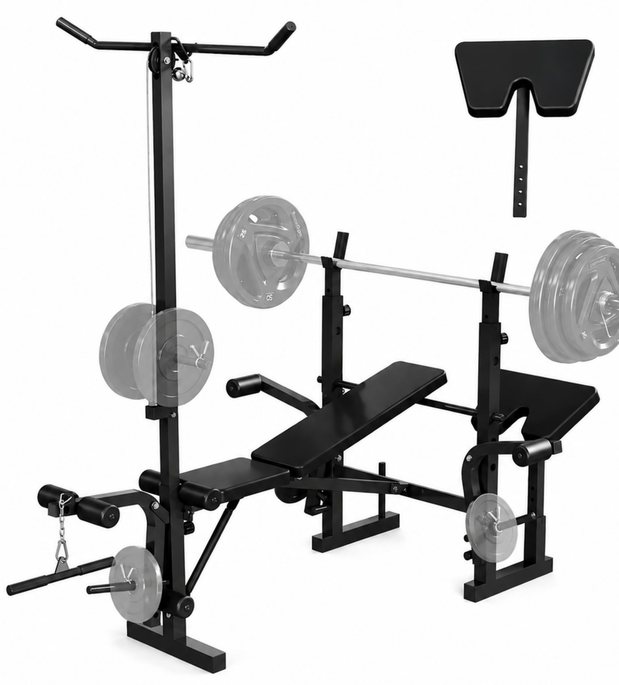 8 in 1 Adjustable Weight Bench Set, Lat Pulldown & Leg Extension Foldable Bench Press Set with Preacher Curl Pad, Chest Fly, Leg Curl, Rack, Full Body Home Gym Strength Training Equipment