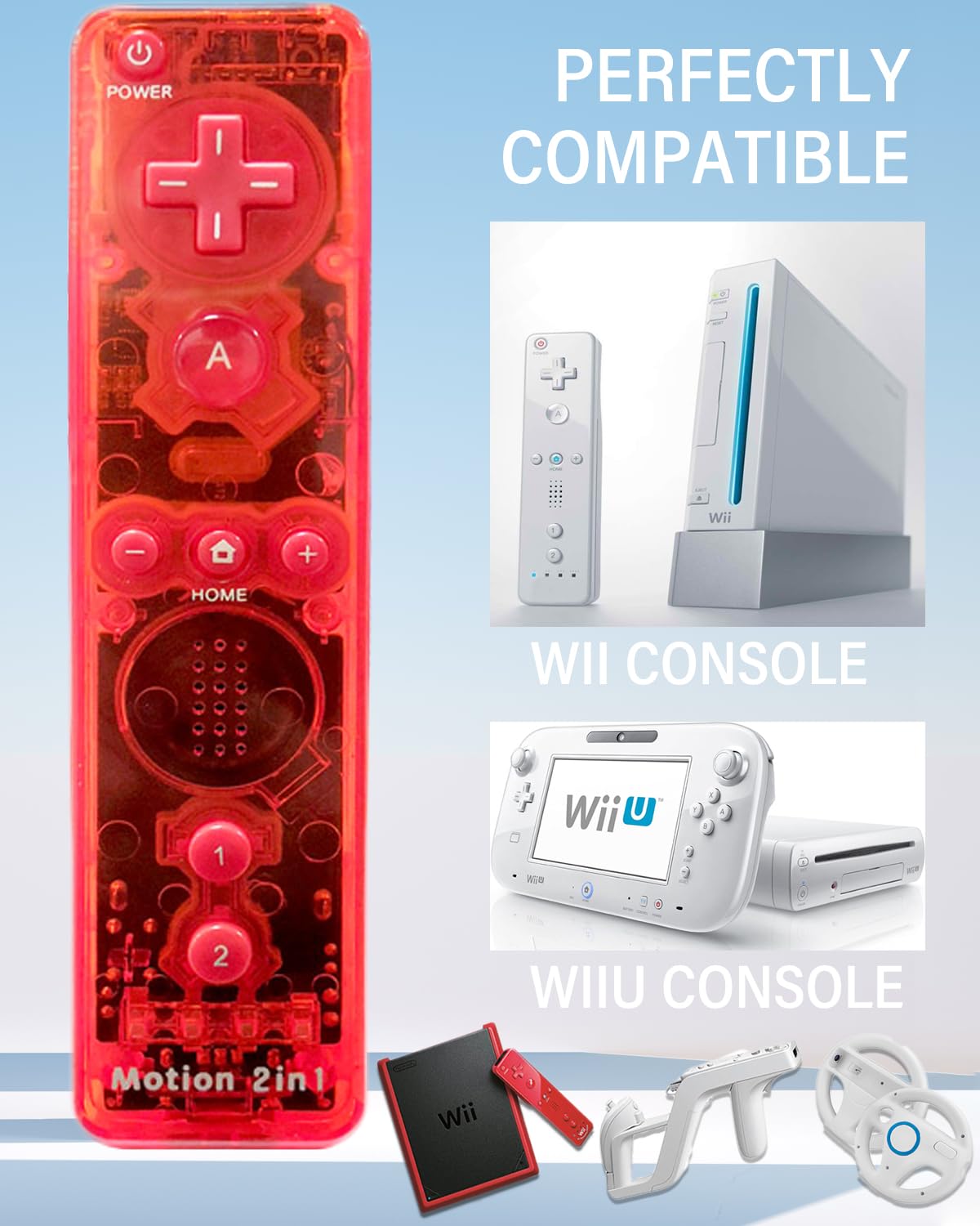 SONVIEE Manette de Wii Remote Controller avec Motion Plus et Nunchuck Contrôleur Joystick Télécommande de Remplacement pour Wii avec étui en Silicone et Dragonne (Rouge&Bleu)