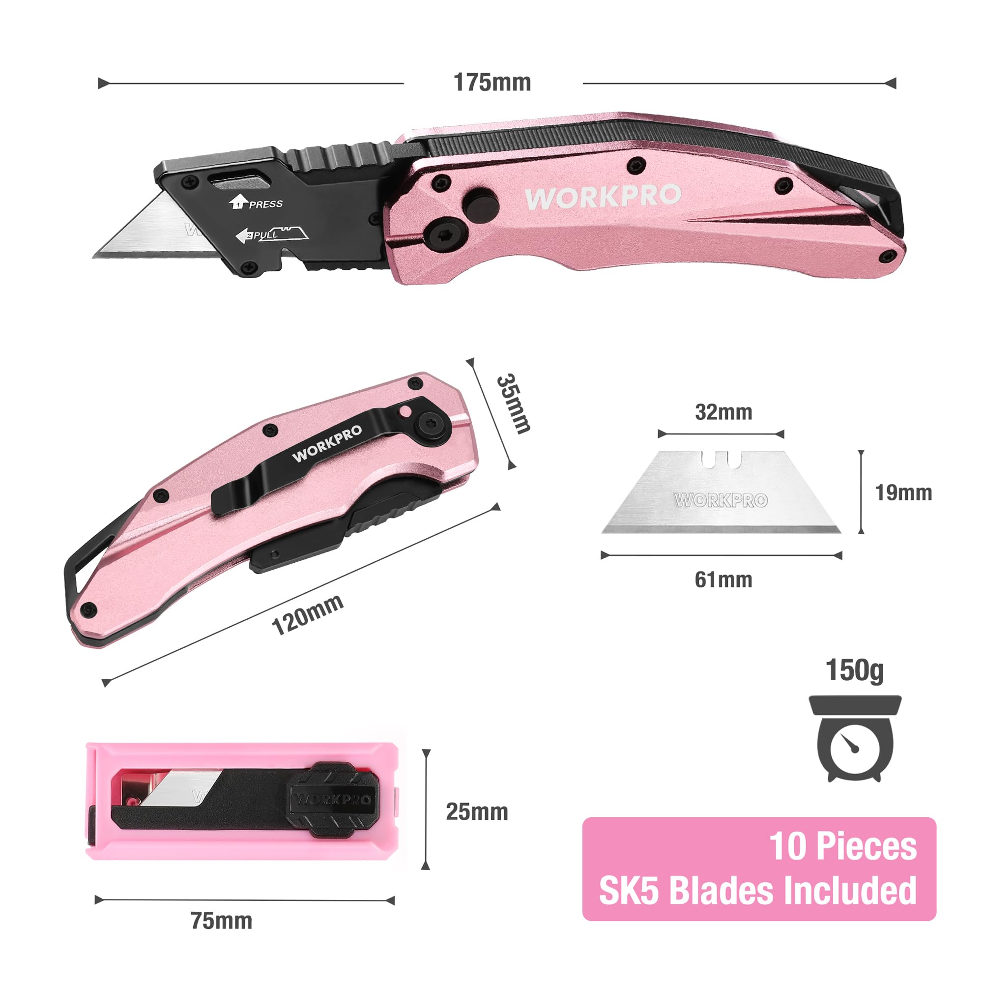 WORKPRO Klappbares Teppichmesser, Schweres Universalmesser aus Vollmetall, Schnellwechselklinge Cuttermesser, Schnelles Öffnen Achsensperre & Sichere Verriegelung, mit 10 zusätzlichen Klingen, Rosa
