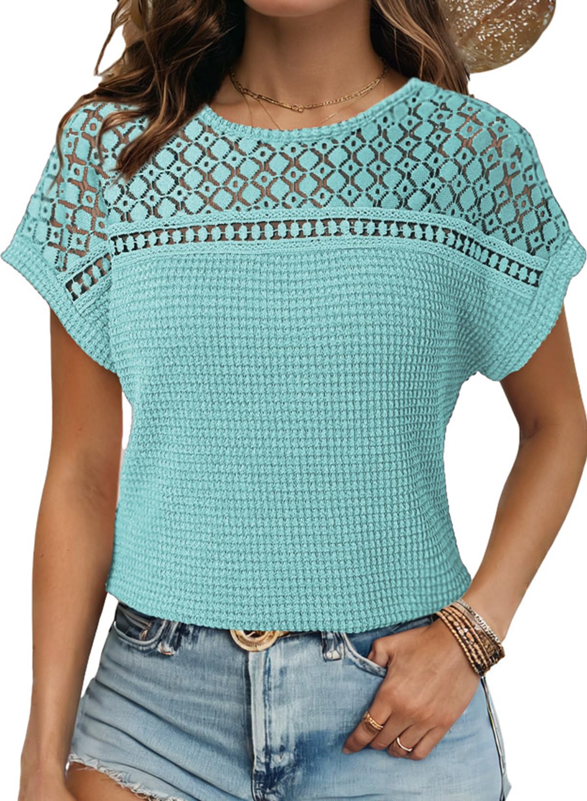 Dokotoo Women's Tops Casual Scoop Neck Short Sleeve Waffle Knit Hollow Out Shirts Loose Tunic Tops Blouses