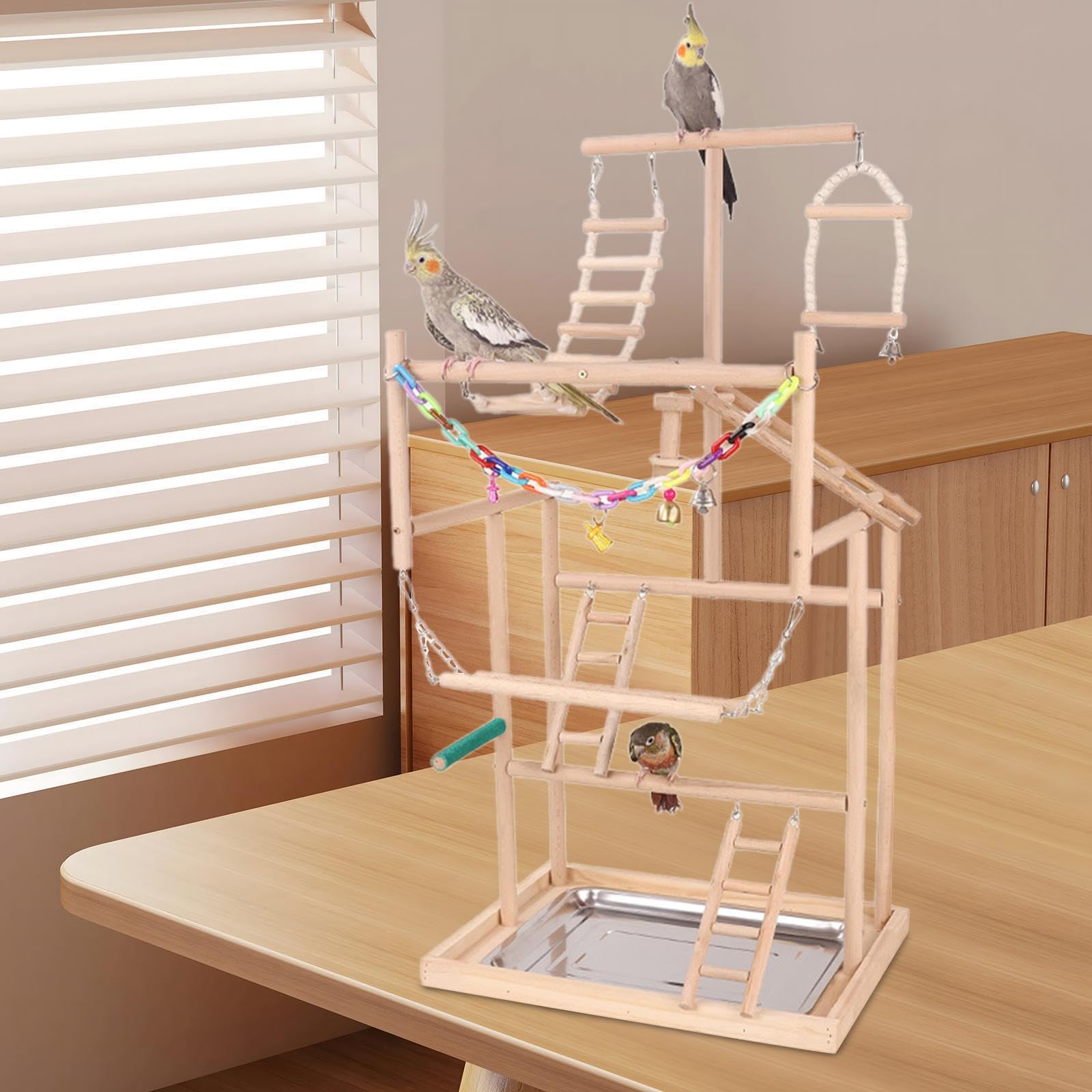 Puesto de Juegos para pájaros, Percha de para Madera con Juguetes para Masticar y Escalera, Experiencia Divertida para periquitos y cacatúas, Soporte de Juego para