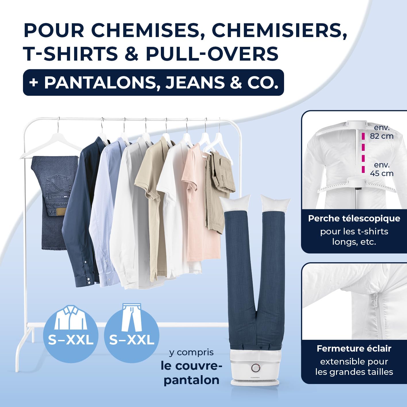CLEANmaxx Appareil de repassage automatique de chemises pour sécher et défroisser les chemises et les chemisiers | Accessoire pour pantalons est inclusif | Innovante et douce aux vêtements