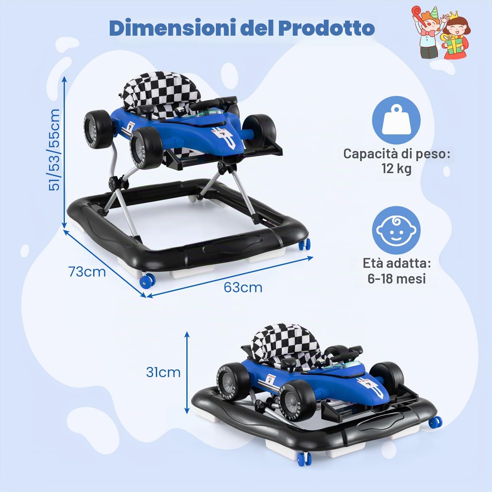 LIFEZEAL 4 in 1 Girello per Bambini, Neonati 6-18 Mesi, Altezza Regolabile, Antiurto, Trasformabile, Pieghevole, con Musica, Primi Passi, Baby Walker, Carrellino, Imparare a Camminare, Max12kg, Blu