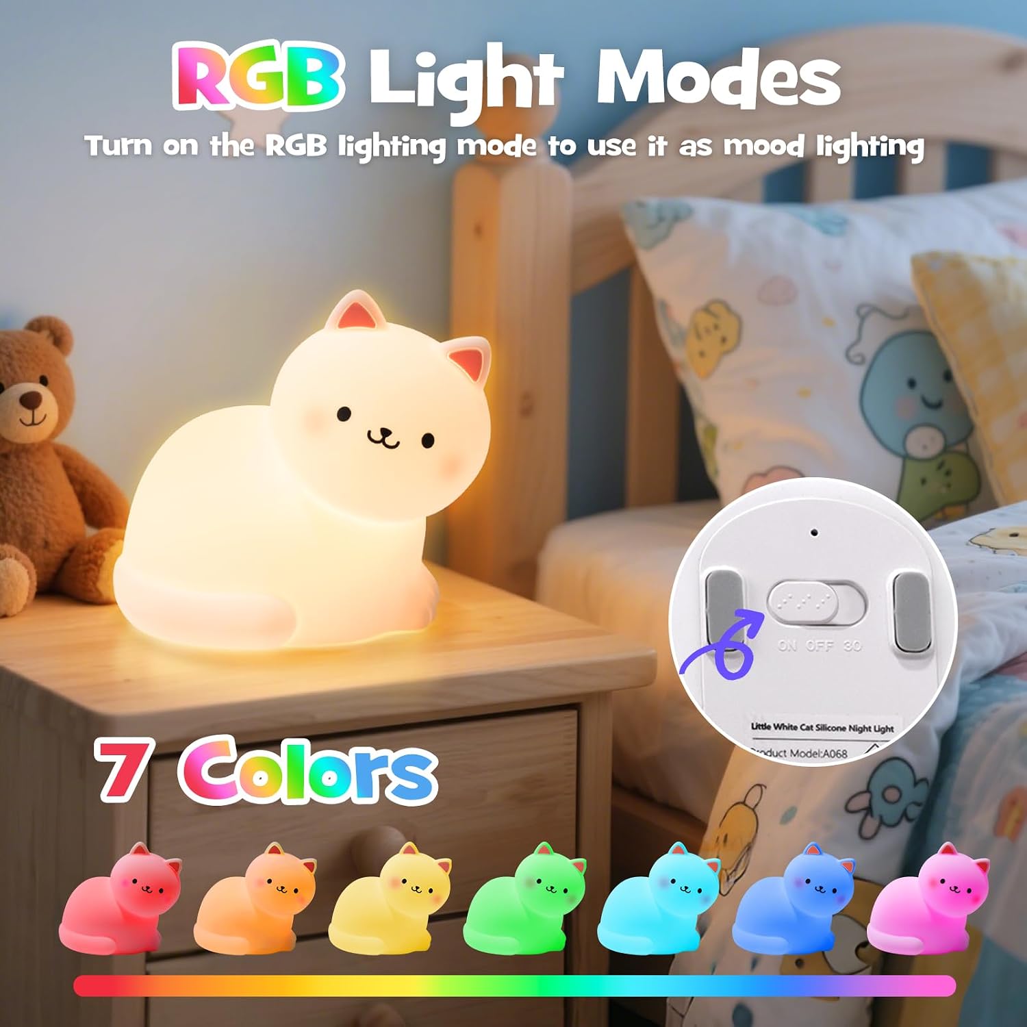 Squishy Cat Night Light with RGB Modes Cute Cat Lamp Warm White 3 Brightness Adjustable Nursery Breastfeeding Nightlight Rechargeable Silicone Soft Touch Bedside Animal Lamp for Bedroom Dorm Decor