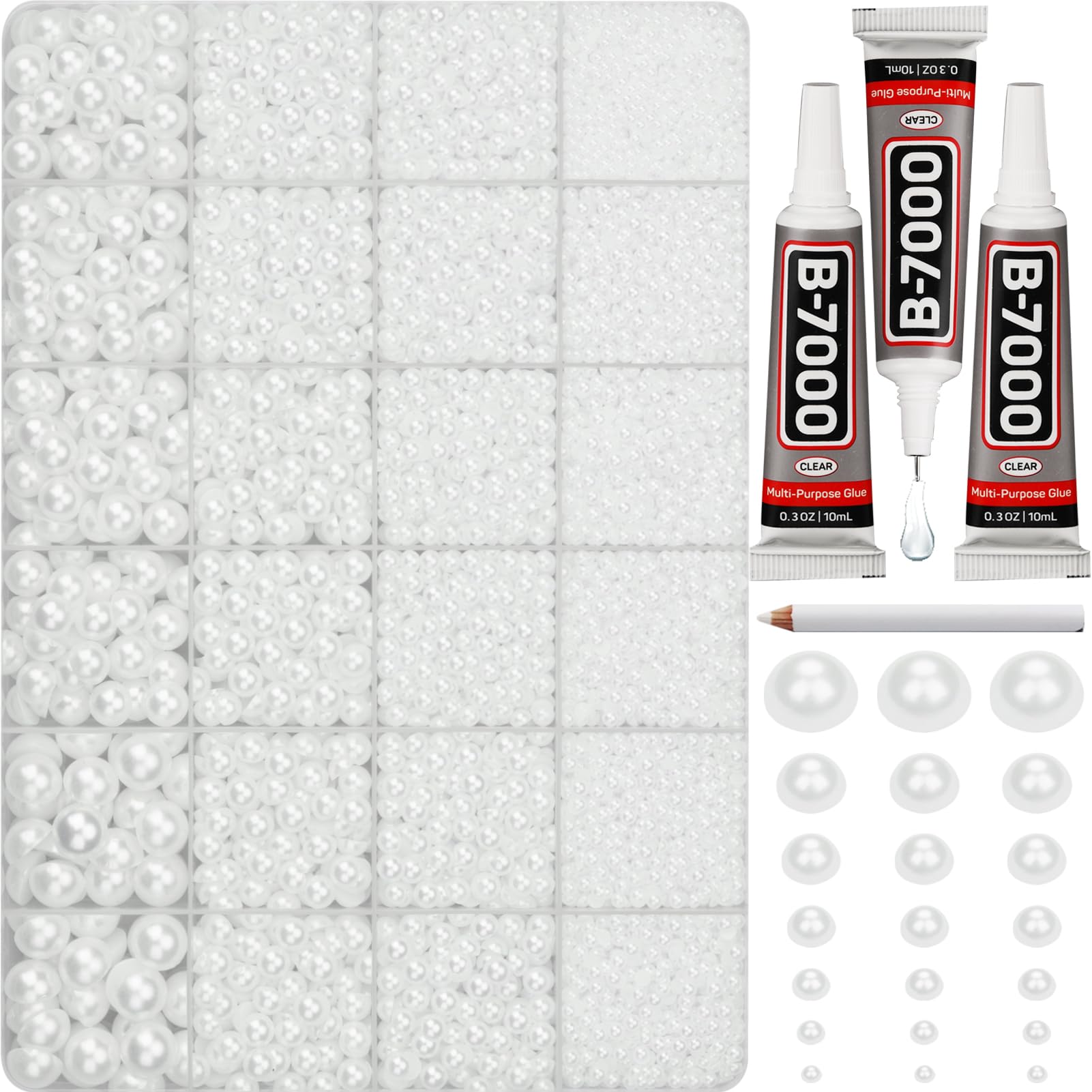 18000Pcs 2-10mm Flat Back White Half Pearls for Crafting Bedazzling Kit | Flatback Pearls Rhinestones Bedazzle Gems with 3Pcs b7000 Glue for Decoration Graduation Cap Crafts Clothing Clothes
