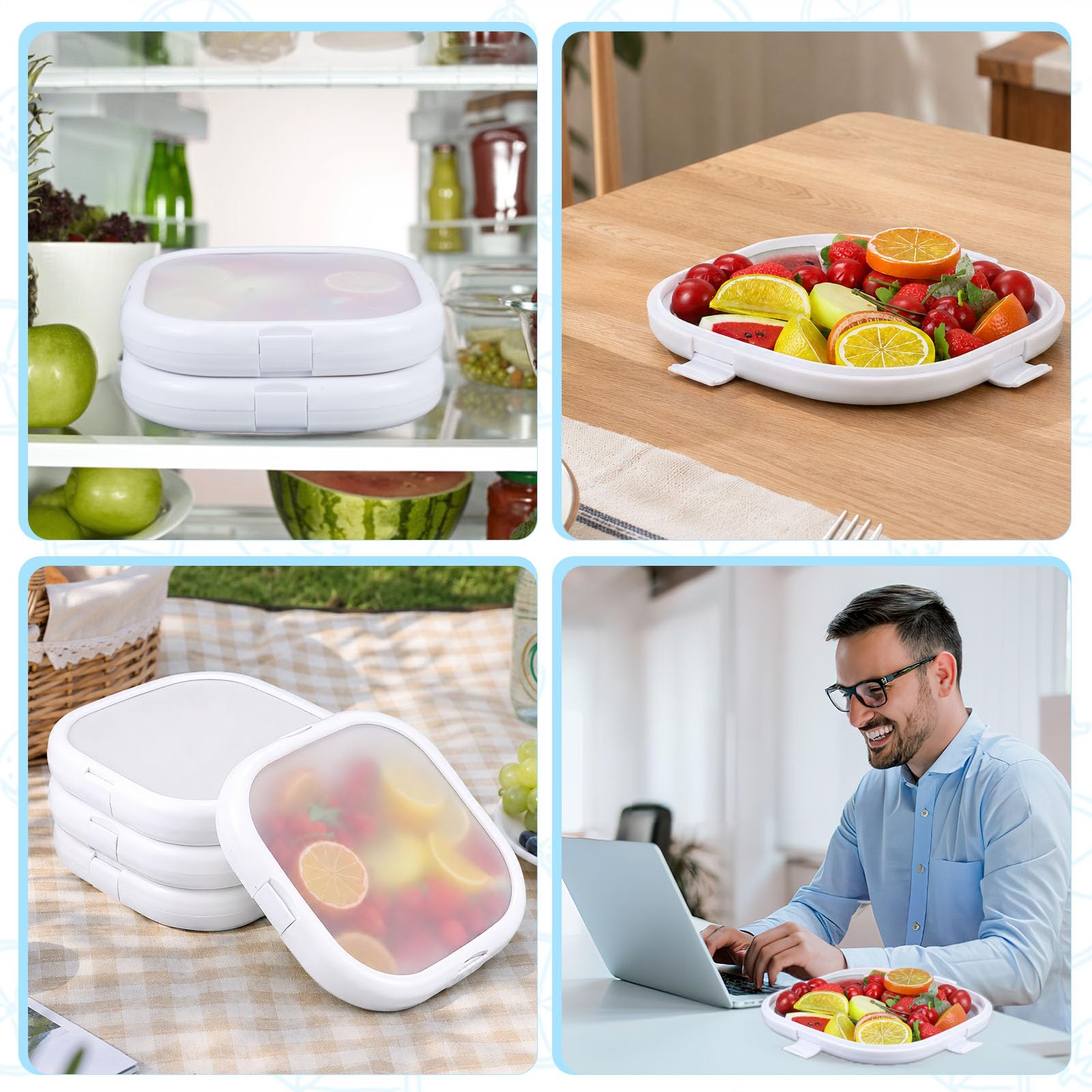 Set di 4 contenitori in silicone bianco, 20 x 20 x 3,5 cm, quadrati, impilabili, riutilizzabili, organizer per frigorifero, per sandwich, aglio, limoni, patate, frutta e verdura