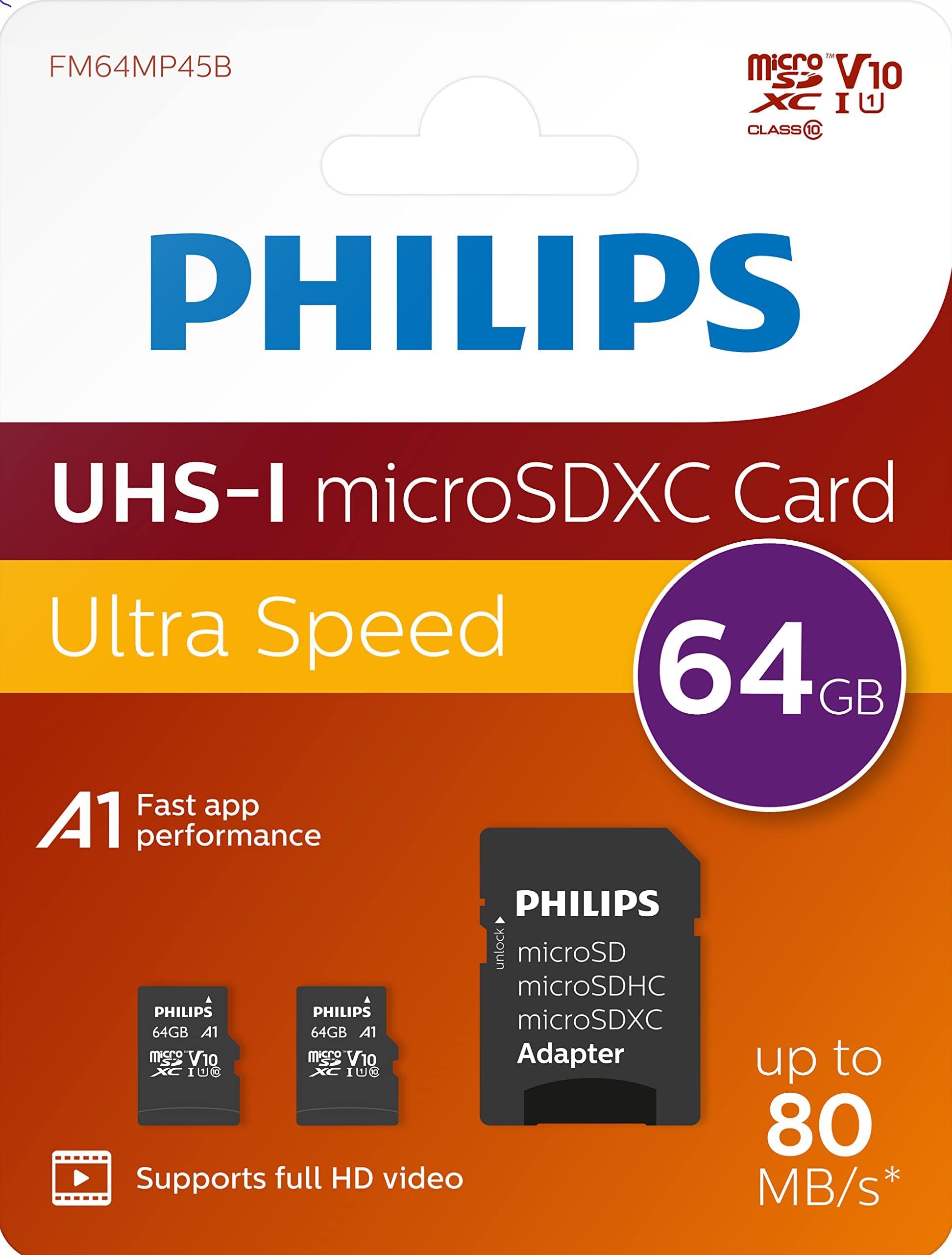Philips Ultra Speed microSDXC Card 2x 64 GB + SD Adapter UHS-I U1, Lesegeschwindigkeit bis zu 80 MB/s, A1 Fast App Performance, V10, Speicherkarte für Smartphones, Tablet, PC,Card Reader,Full HD Video