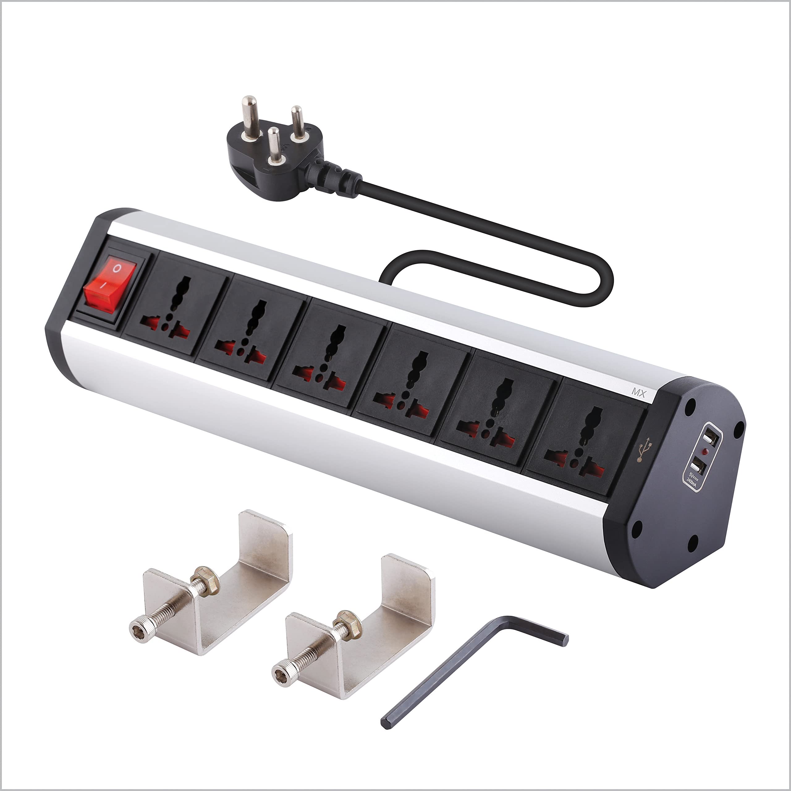 MX Premium Power Console 6 Amp 6 Universal Sockets with 2 USB Charging Port Extension Board - with Removable Desk Clamp – Power Strip – Master Switch - 1.5m 3 Pin Plug Extension Cord (1.5mtr)-picture-42