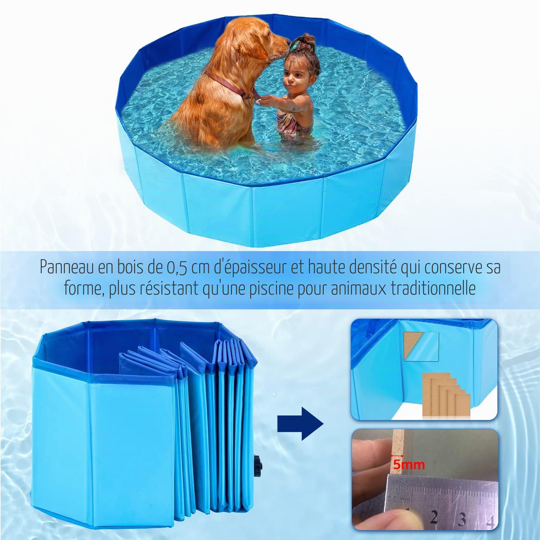 Piscine pour Chien 160 x 30 cm, Piscine Pliable pour Petits et Grands Chiens Sûr Antidérapant Baignoire, Extérieur et Intérieur Piscine pour Chats Chien Animaux et Enfant (Bleu)