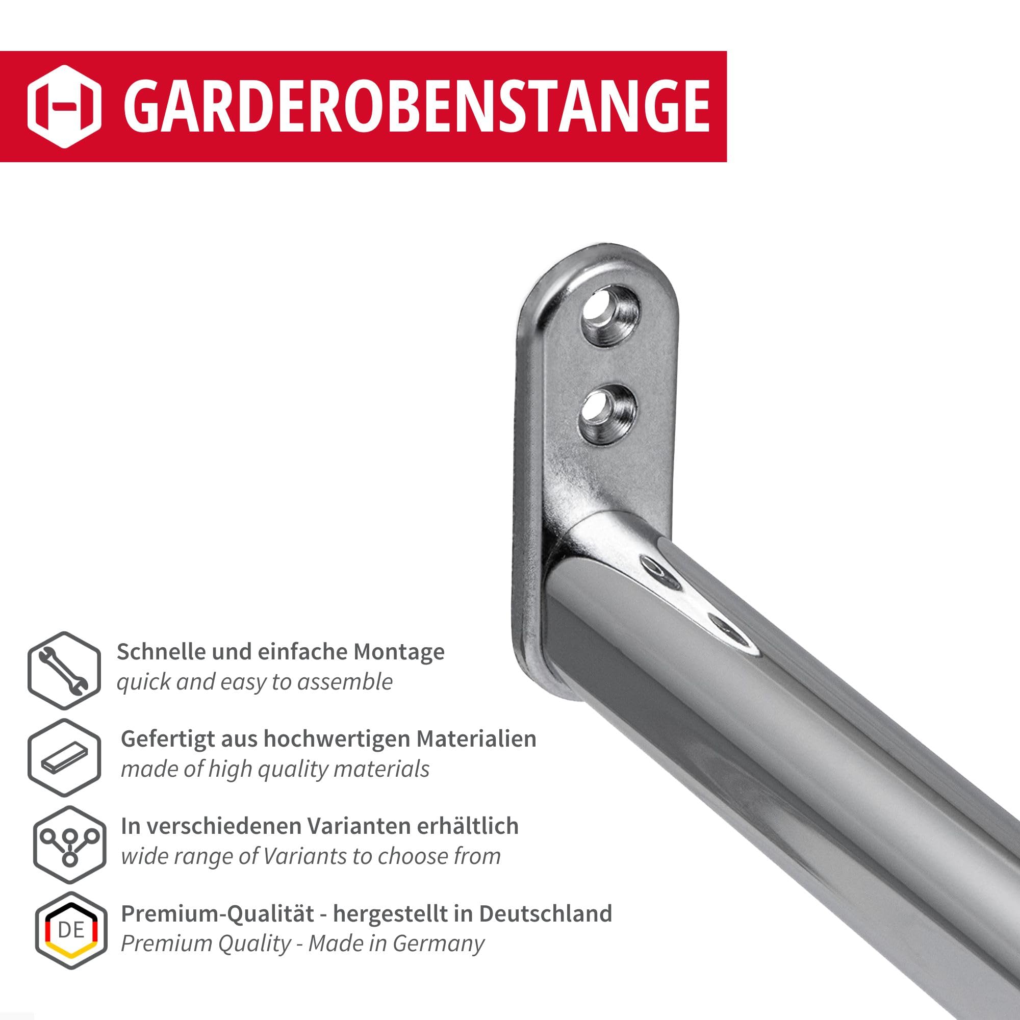 Gedotec Kleiderstange ausziehbar 60-90 cm - Flexible Kleiderstange Wandmontage silber Made in ITALY 22 x 15 mm - Teleskopstange zum klemmen Stahl massiv, Garderobenstange TELEMAGIC