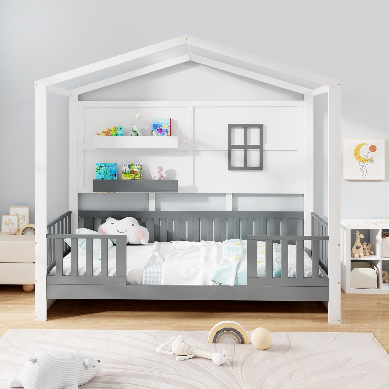 COSTWAY Letto per Cameretta a Forma di Cassetta 90 x 200 cm, per Bambini Struttura di Legno di Pino, Letto Casetta Montessori con 2 Ripiani Mensole e Protezione Anticaduta, Bianco e Grigio