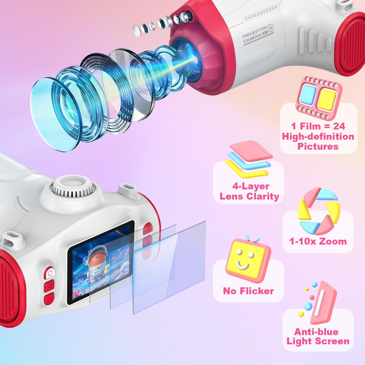 Kids Camera with Projector, Big Screen 1080P Photography Kids Recorder with Tripod, Lanyard, 32GB Kids Video Vlogging Camera for Age 3-12, Christmas Birthday Gifts Toys for Boys Girls, White - Image 8