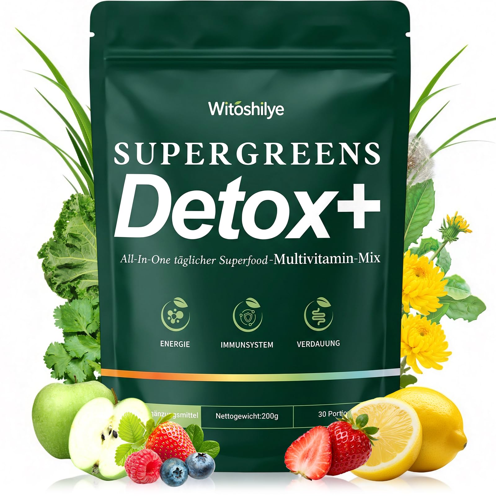 Grüne Entgiftungspulver, Superfood Pulver Helfer, 200g Grüner Pulver Helfer mit Matcha, Heidelbeeren, Gerstengras, Ballaststoffreich & Vegan, Natürliches Pflanzenpulver für Ernährung & Alltag & Fiber