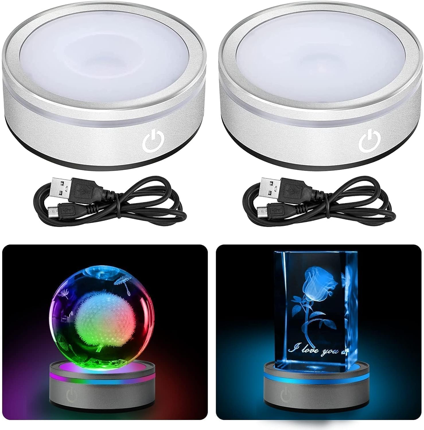 EEEKit 2 Pack 6 Colors LED Light Base, 3-inch Non-Slip Round Stand Display Plate Flat & Spherical Recess Show Crystal Ball Stand for 3D Crystal Glass Art