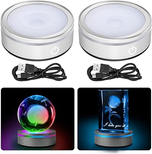 EEEKit Paquete de 2 bases de luz LED de 6 colores, placa de exhibición redonda antideslizante de 3 pulgadas, soporte plano y esférico de bola de