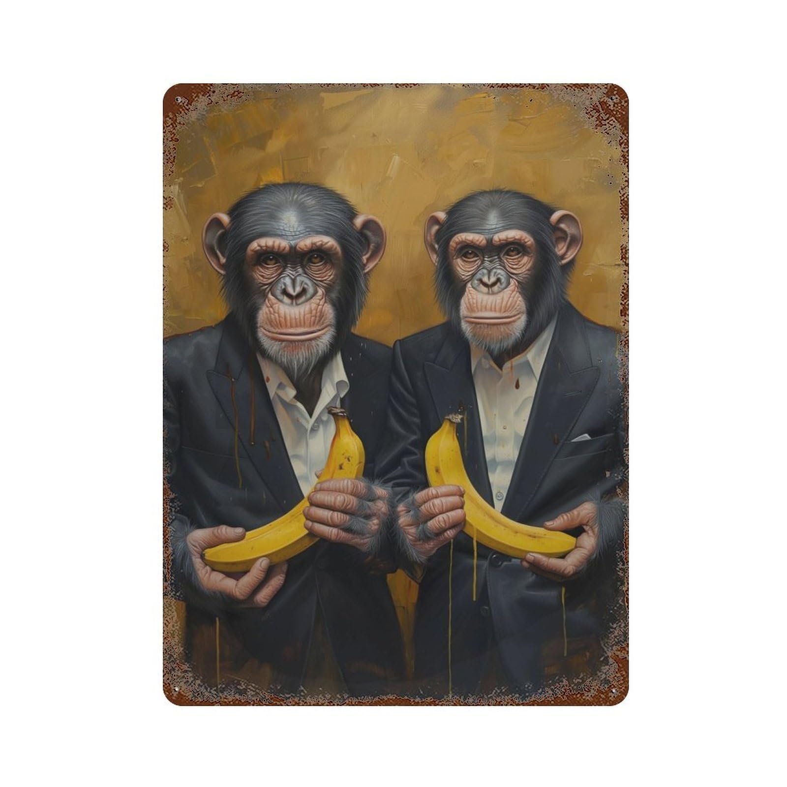 Dressed Banana Monkeys 15.7"x11.8" Distressed Metal Wall Sign, Shabby Chic Decor for Office, Studio And Wall Decor