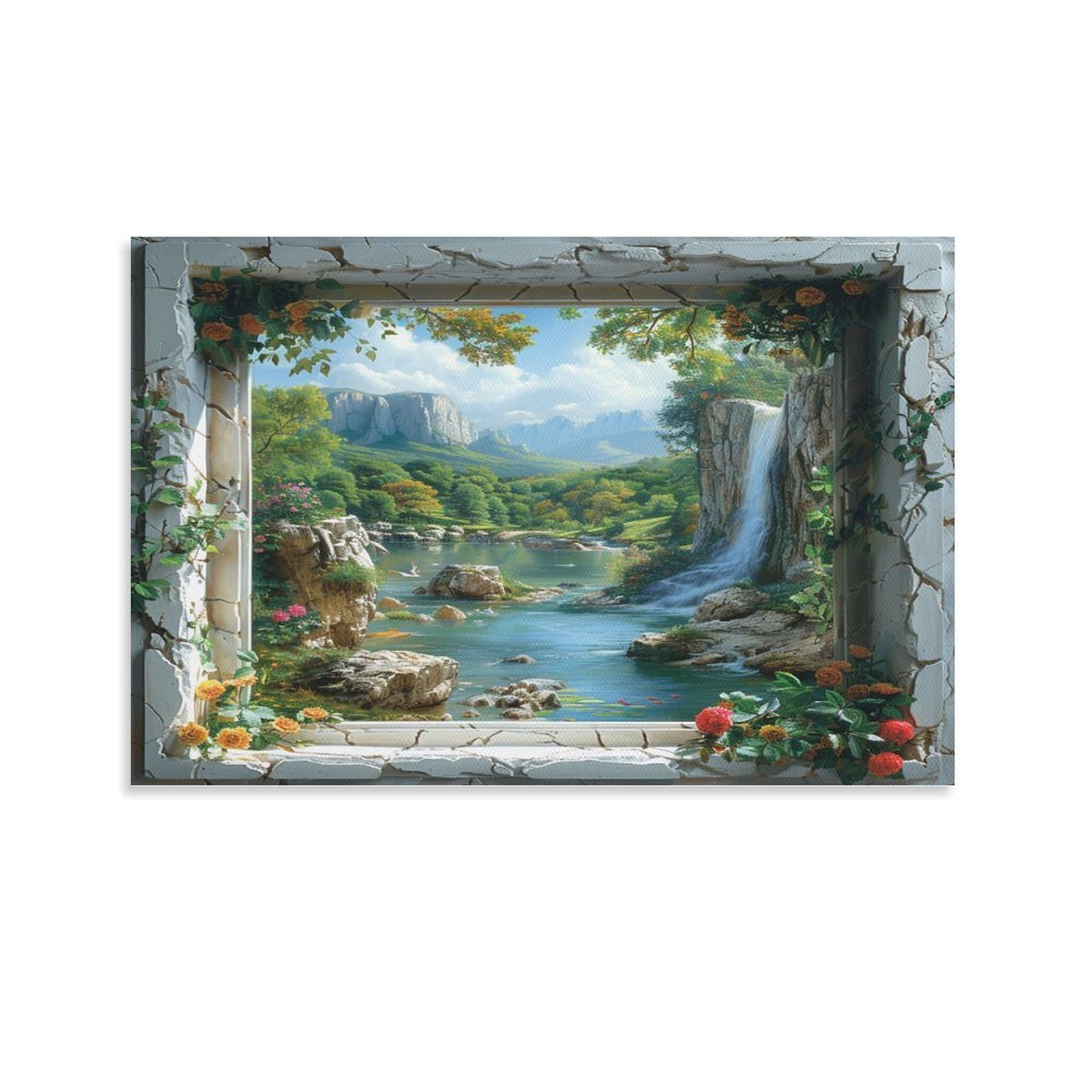 Euumkoo Unframed Beautiful Window View Canvas Wall Art, Beautiful Waterfall Flower Rustic Mountain Picture Painting On Canvas, Print Poster Decoration Artwork For Home Living Room Wall Decor Uframe 20X30inch(50X75cm