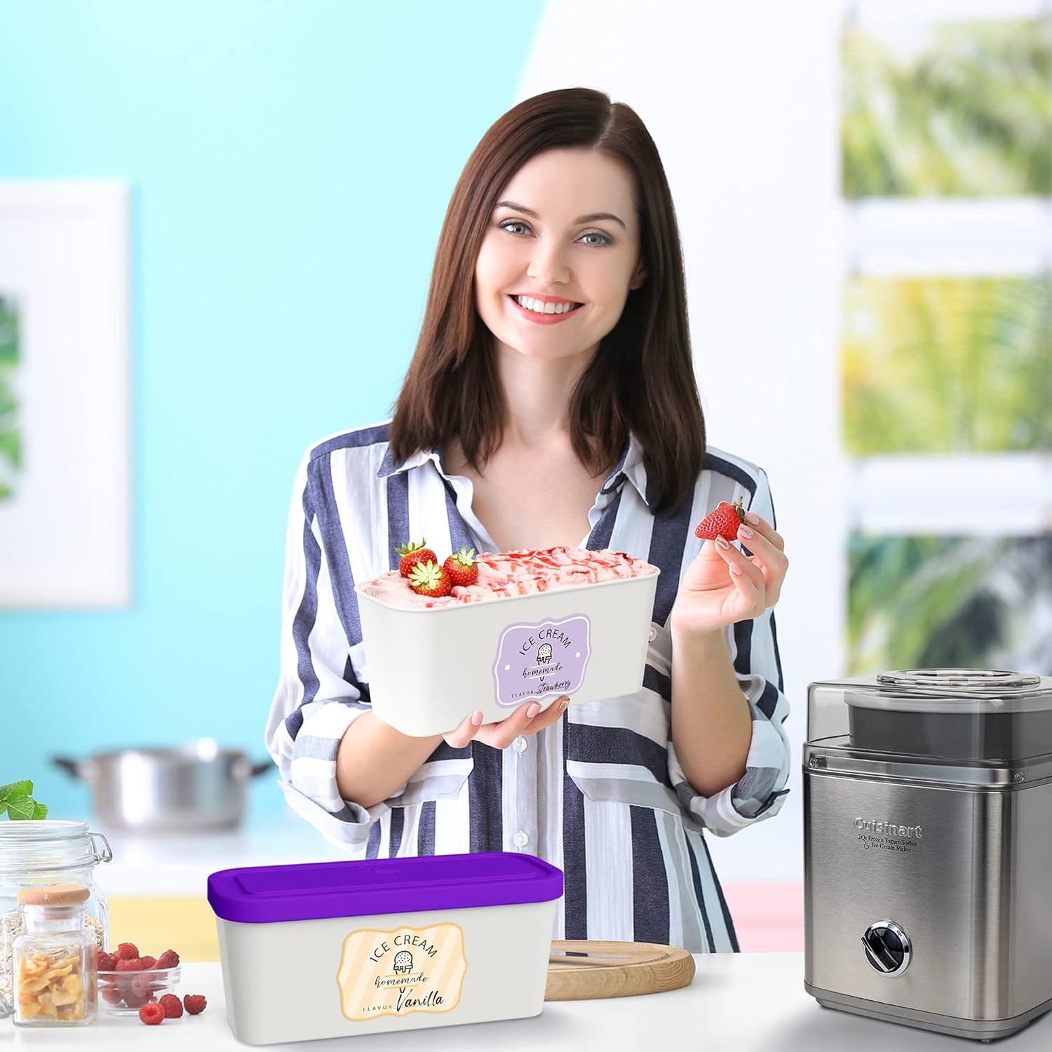 Set of 2 Reusable Ice Cream Tub Containers 1.6 Quart Ea. - Perfect for Homemade Sorbet, Frozen Yogurt Or Gelato - Stackable Storage Containers, Stickers And Lids Stores Easily In Freezer - Image 3