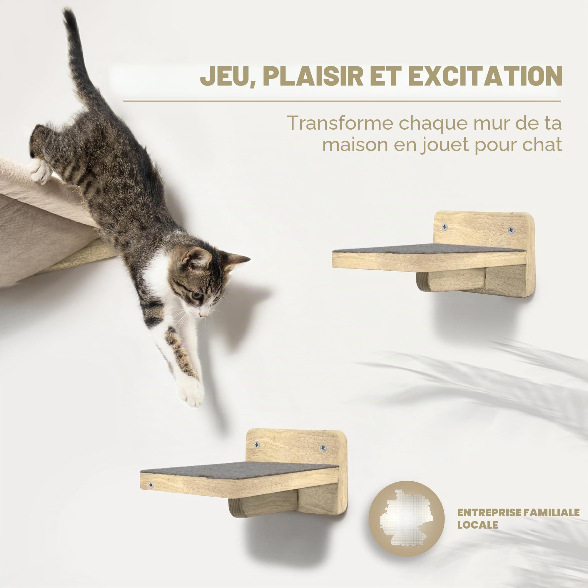 WOOWOOD Arbre à Chat Mural avec hamac, 2 escaliers muraux, Parcours Mural pour Chat intérieur, Bois, Naturel foncé