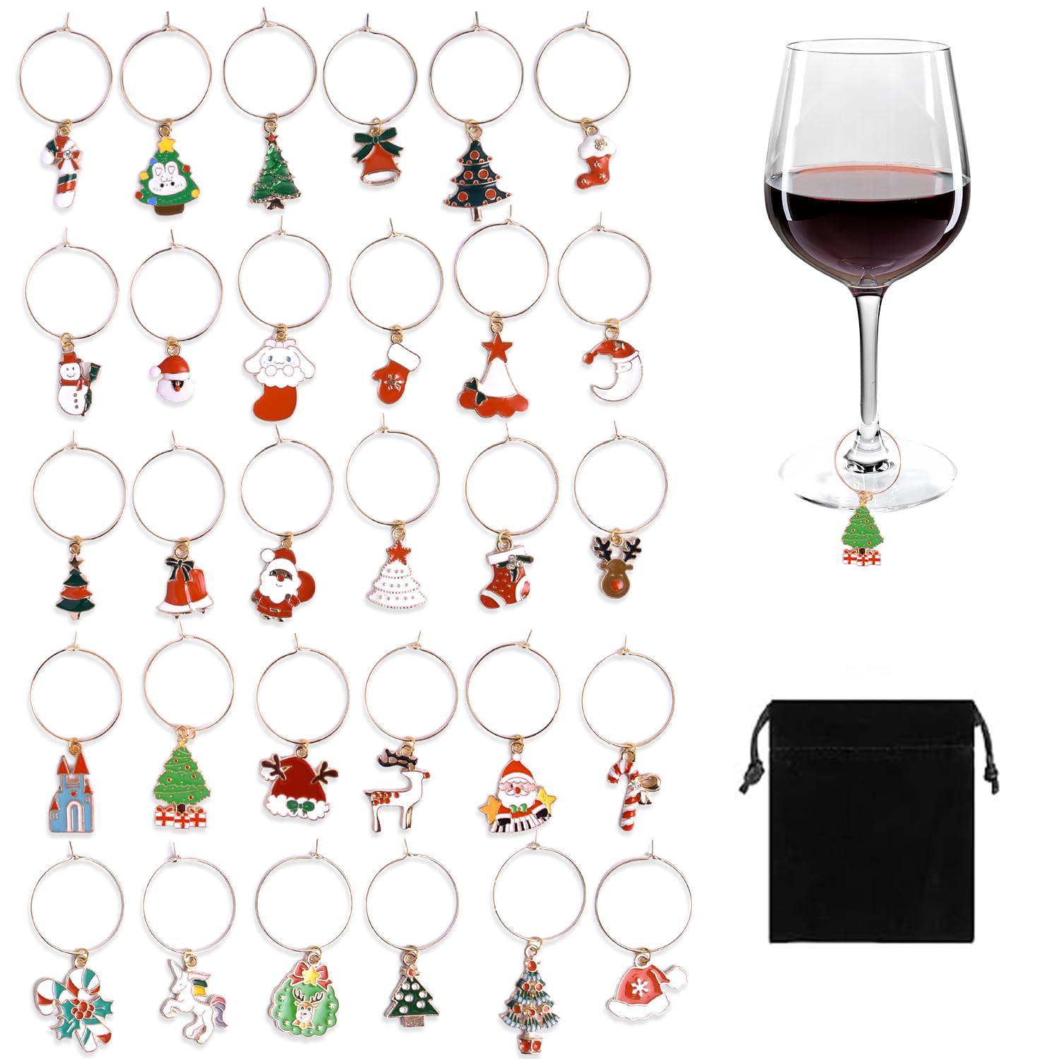 VLYX Wine Glass Charms - Christmas Theme Series Charms - 30 PCS Set with Velvet Bag for Stemware Identification, Wine Tasting Party Décor