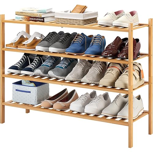 Furshus Long Shoe Rack, 4-Tier Bamboo Stackable Shoe Shelf Storage Organizer, Shoe Stand for Closet, Entryway and Hallway